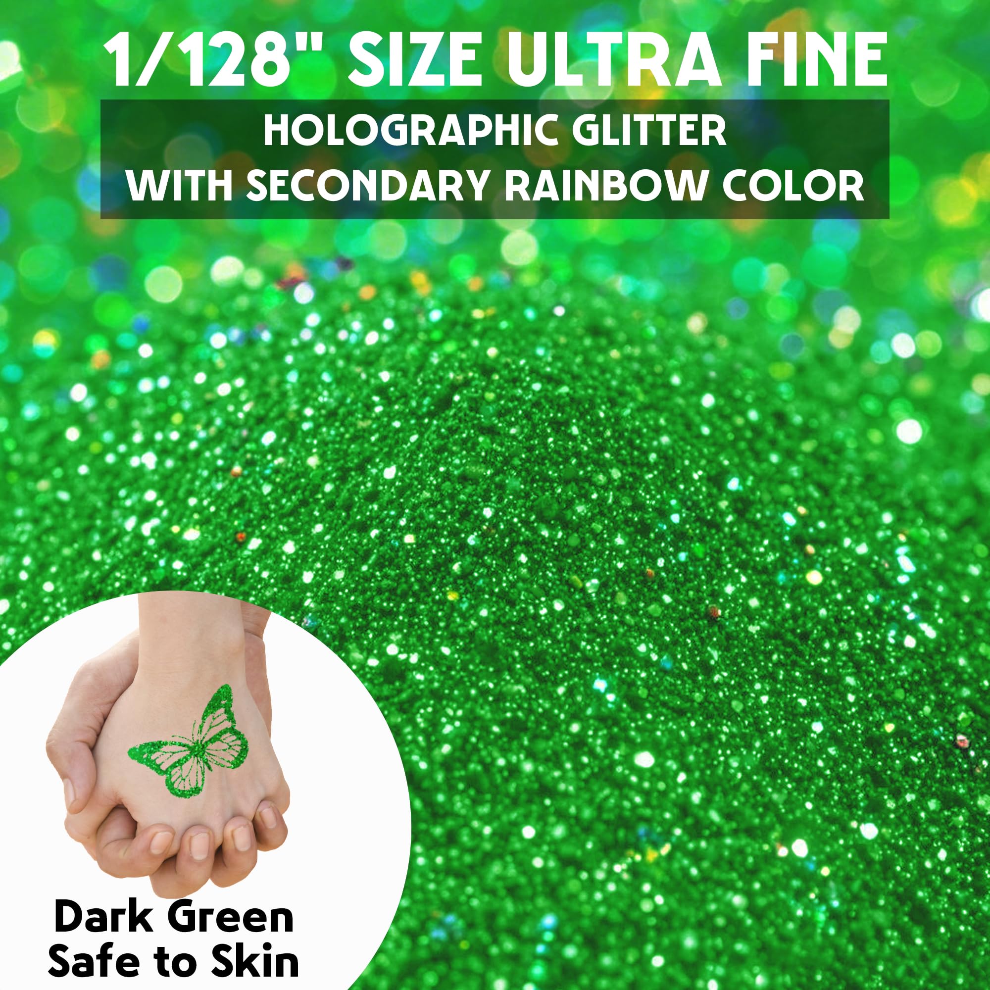 Glitter Olografici Ultrafini, Glitter Di Bellezza, Verde scuro140g, Adatti Per Capelli, Viso, Corpo, Unghie e Trucco Natalizio. Adatti Anche Per Resina Epossidica, Vetro e Lavori Artigianali.