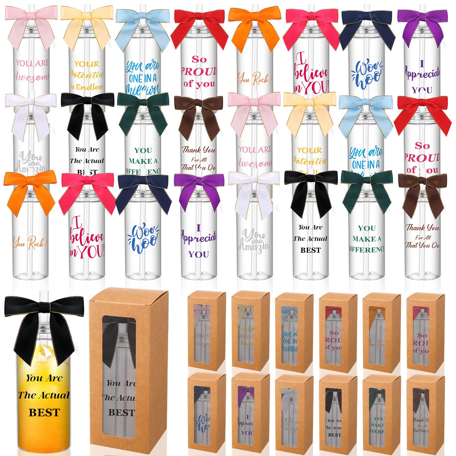 Skylety 24 Sets Employee Appreciation Plastic Cups with Lids Straw and Twist Bow MA PA PT Week Gifts Bulk 14oz Reusable Tumbler for Team Volunteer Staff Coworker