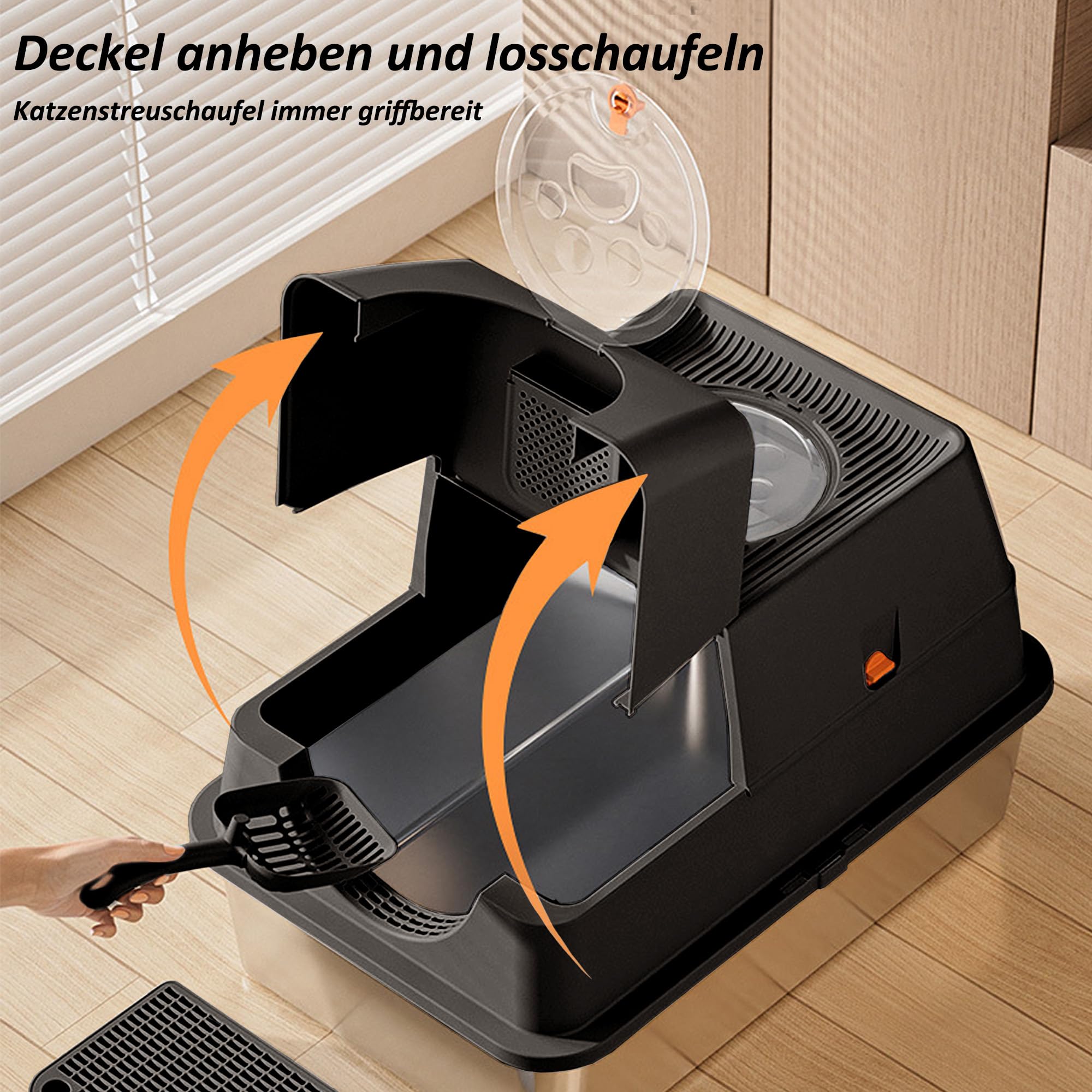 CALIYO Katzentoilette, Katzenklo Edelstahl mit Deckel, 3 in 1 Cat Litter Box, Katzenklo mit Schaufel & Pedal, Katzentoilette Geschlossen für Katzen bis 15 kg, Auslaufsichere (Schwarz,60 x 40 x 44 cm)