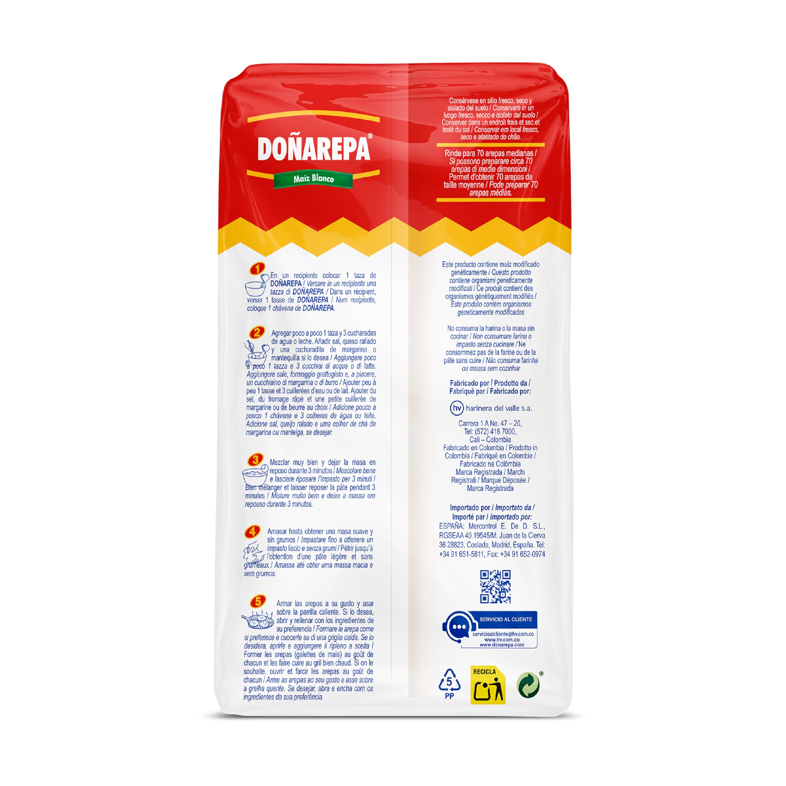 Doña Arepa - Harina de Maíz Blanco Extrafina - Formato de 2,1 Kg | Harina de Maíz - Rico en Fibra - Ideal para Preparar Arepas Colombianas, Cachapas y Platos típicos