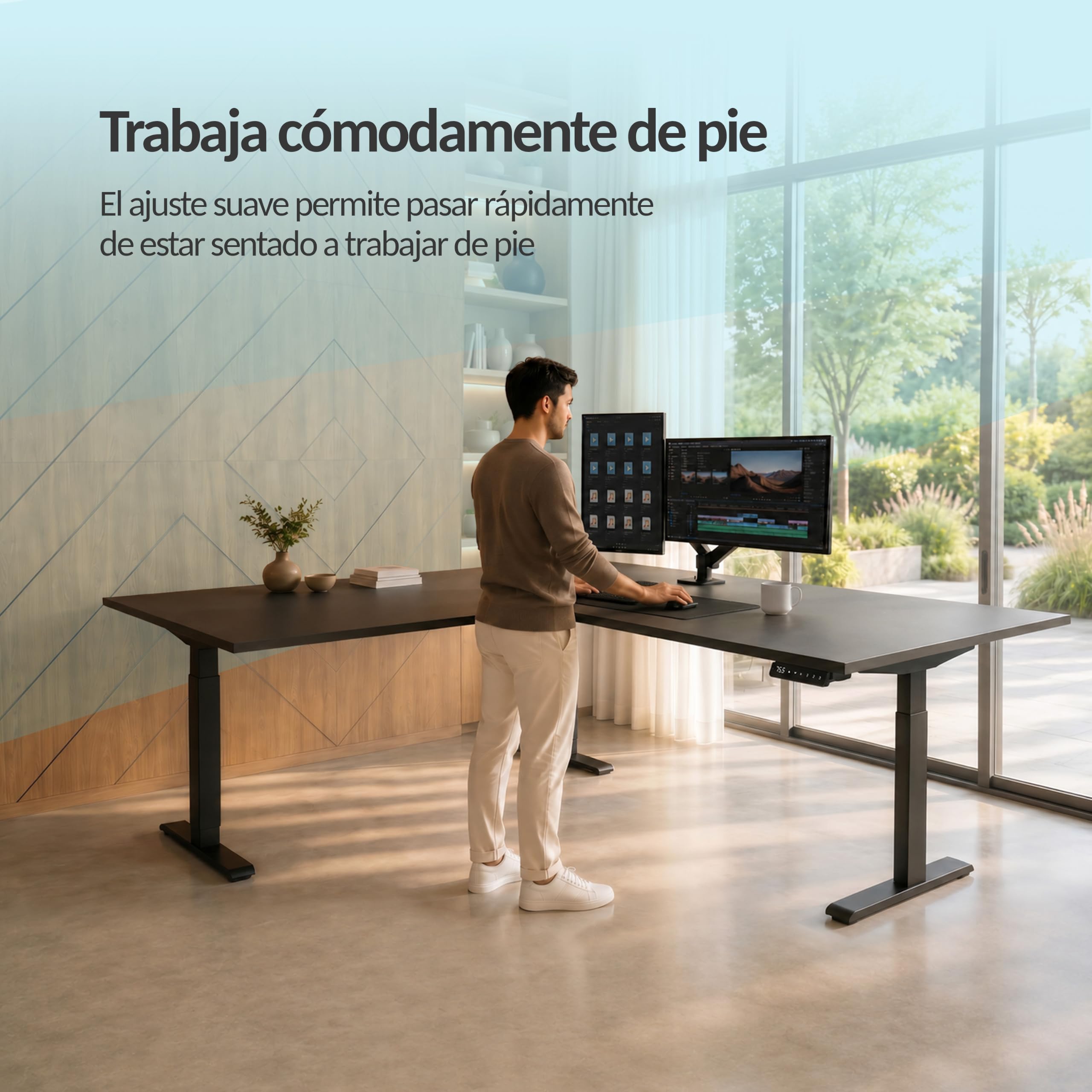 POKAR Estructura para Escritorio Elevable en L Eléctrica | Ángulo Regulable de 0 a 90°, Altura 70 a 118 cm | Panel de Memoria con USB-C y USB-A | Base para Mesa Elevable Sentado y de Pie | Blanco