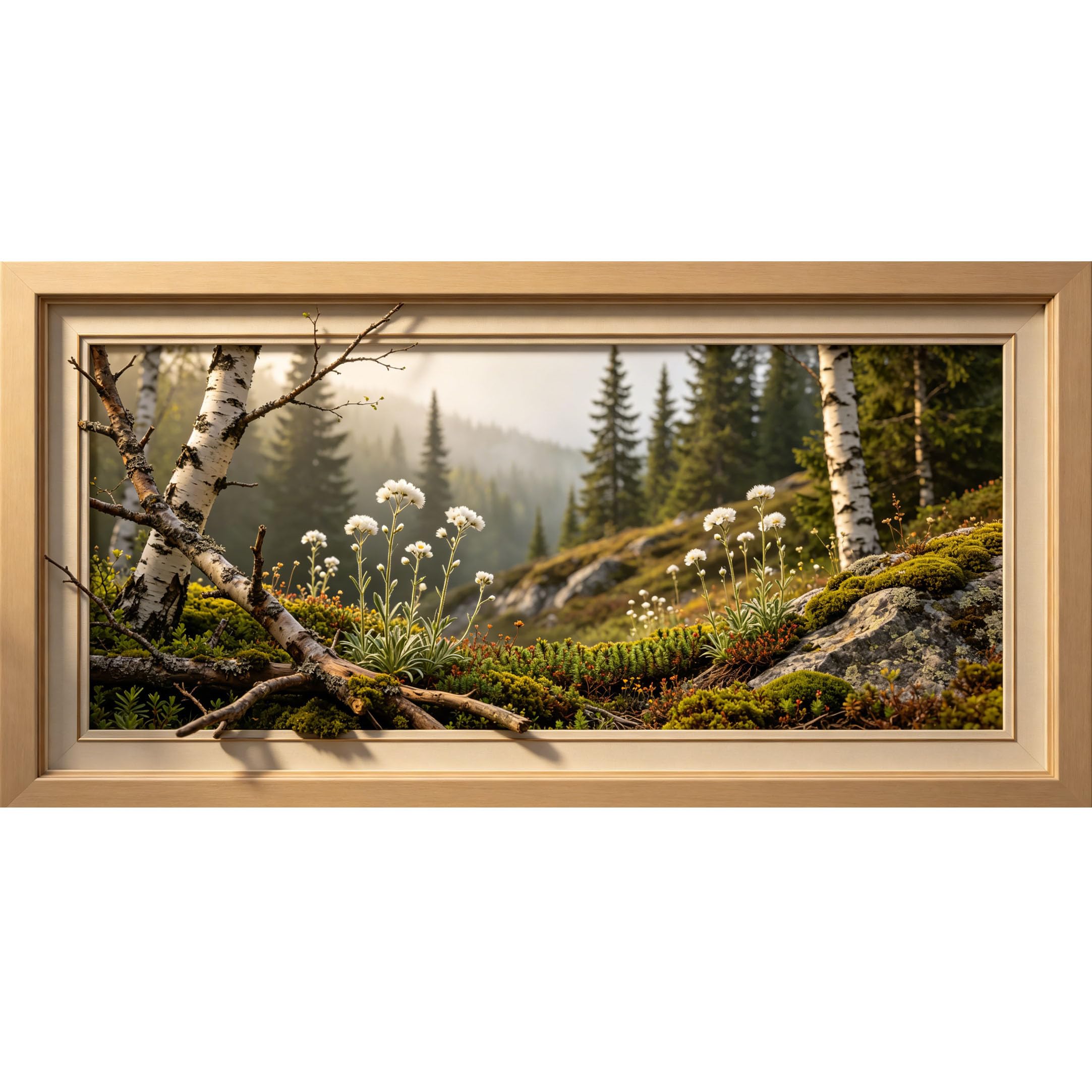 Agglomerix 3D Framed Wall Art Birch Tree White Wildflowers Mountain Forest Landscape Botanical Large Size SelfAdhesive Removable Wall Decor Prints Artwork for Living Room Bedroom Office