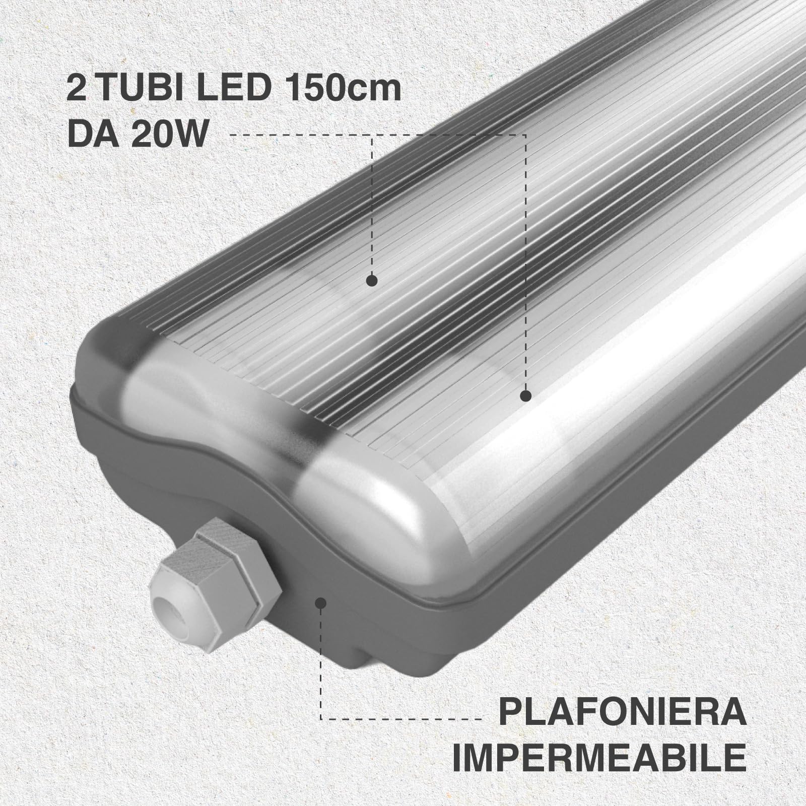 Eurocali 3x Plafoniere IP65 Impermeabile 40W Trasparente 4200 Lumen + 2 Tubi LED da 150cm - Luce Bianco Freddo 6400K - Fascio Luminoso 120° - Sostituzione Neon