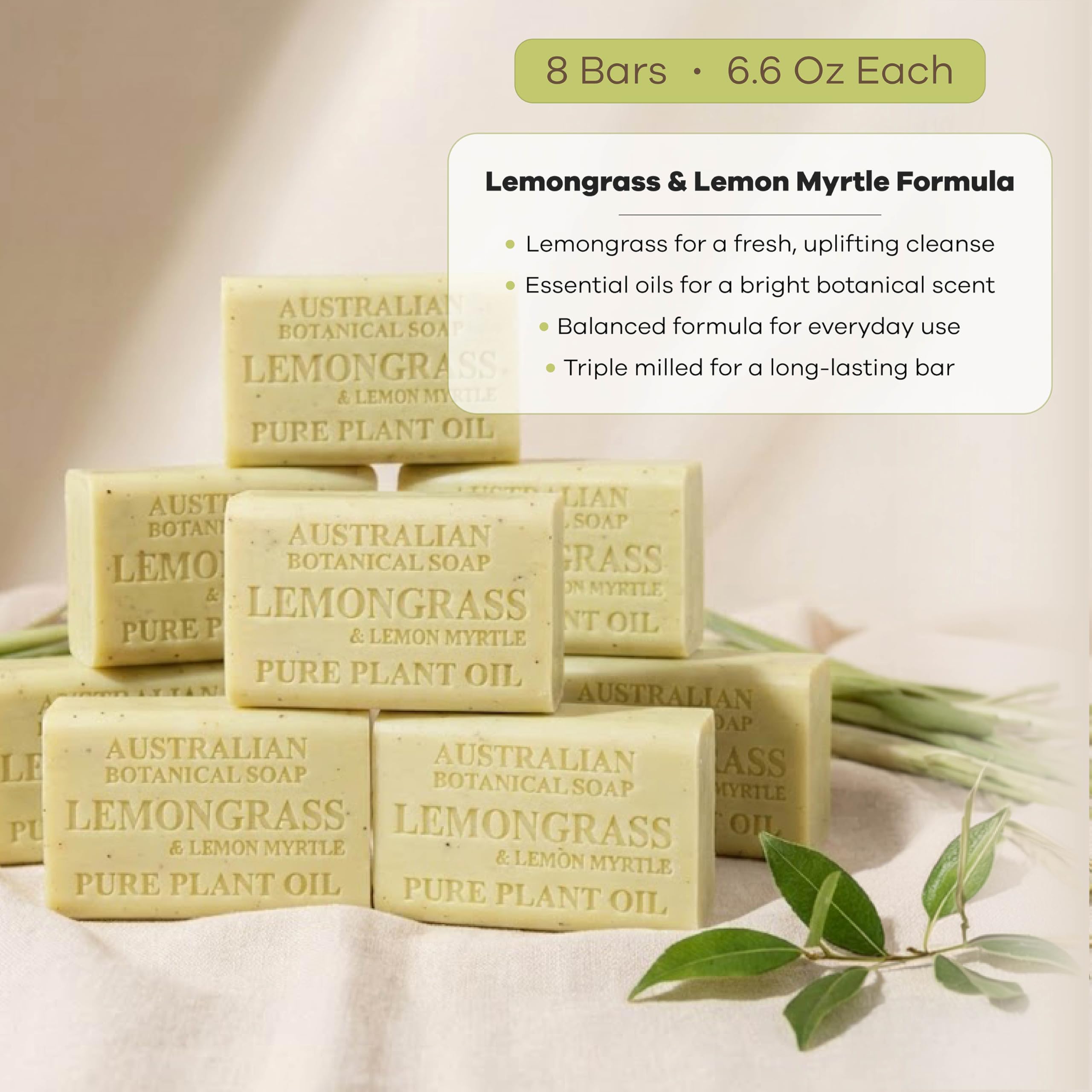 Australian Botanical Soap, Barritas de jabón de limón y limón, 187 g, ingredientes naturales, para todo tipo de piel, enriquecida con manteca de karité, 8 unidades