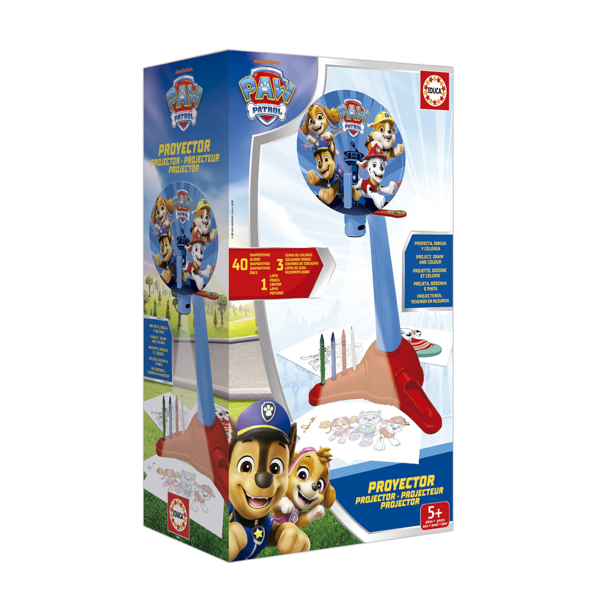 Educa - Projecteur Dessin Pat' Patrouille | Projecteur pour Enfants avec 40 Diapositives | Crayons de Couleur et Crayon | Projecteur LED Paw Patrol | Jouet Créatif Enfant 5 Ans (20444)