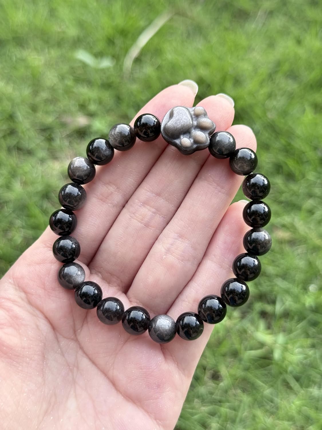 LINGYUAN Black Obsidian Cat Bracelet, Natural Stone Beaded Bracelet for Protection Luck and Energy Balance, Handmade Healing Crystal Jewelry Gift for Women and Men - Image 4