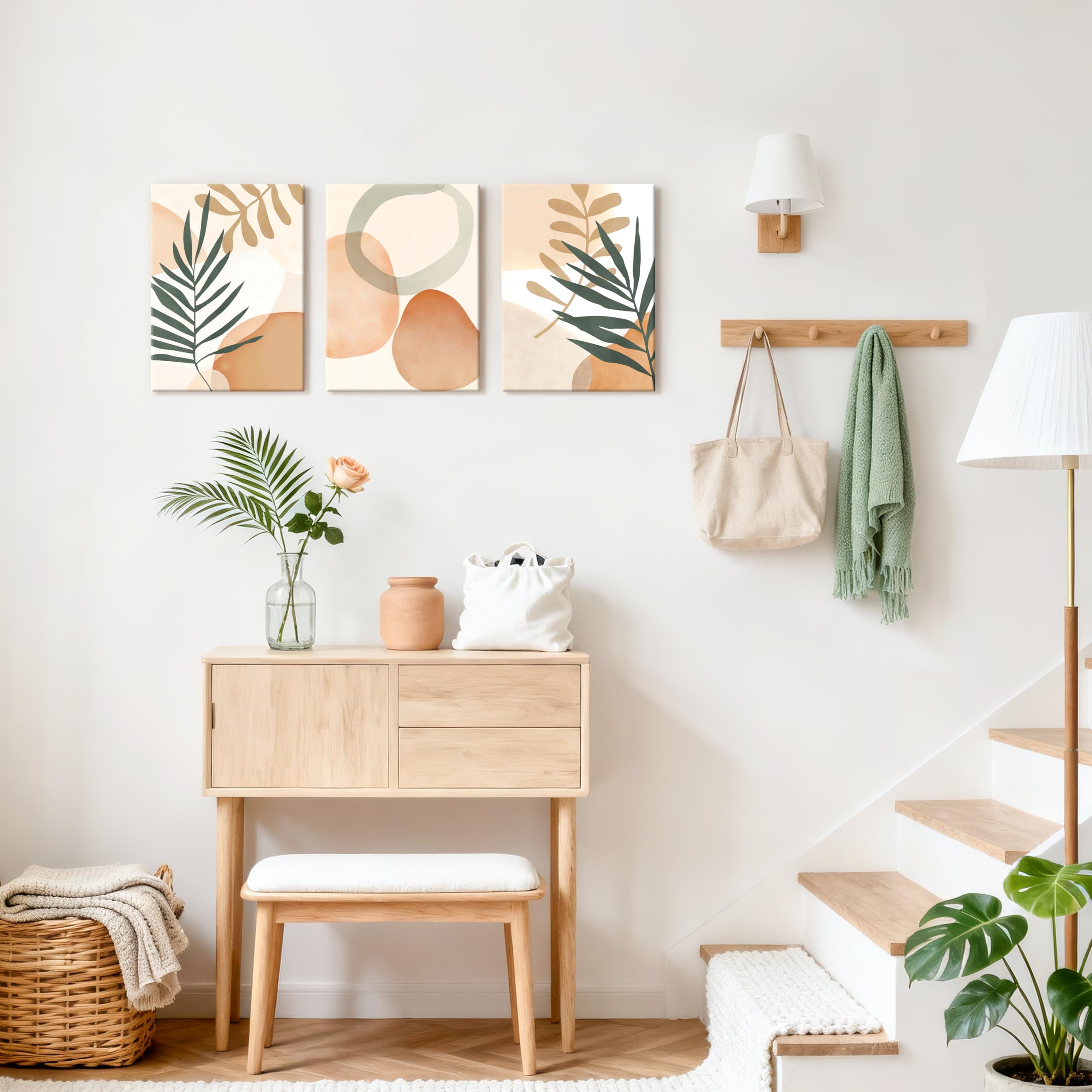 3 Pcs Wooden Framed Canvas Wall Art Set Bohemian Sage Green Canvas Prints Poster Geometric Line Beige Green Pictures for Living Room Bedroom Dinning Room Hallway Stairs Wall Decor 30x40cm x3pcs — view 466