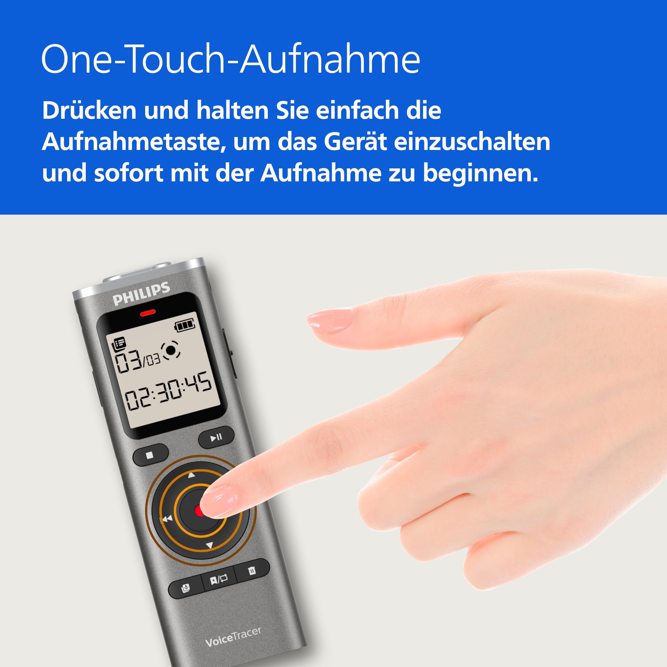 Philips DVT1170 VoiceTracer, Diktiergerät, Aufnahmegerät, 8GB, MicroSD-Steckplatz, 360°-Mikrofon