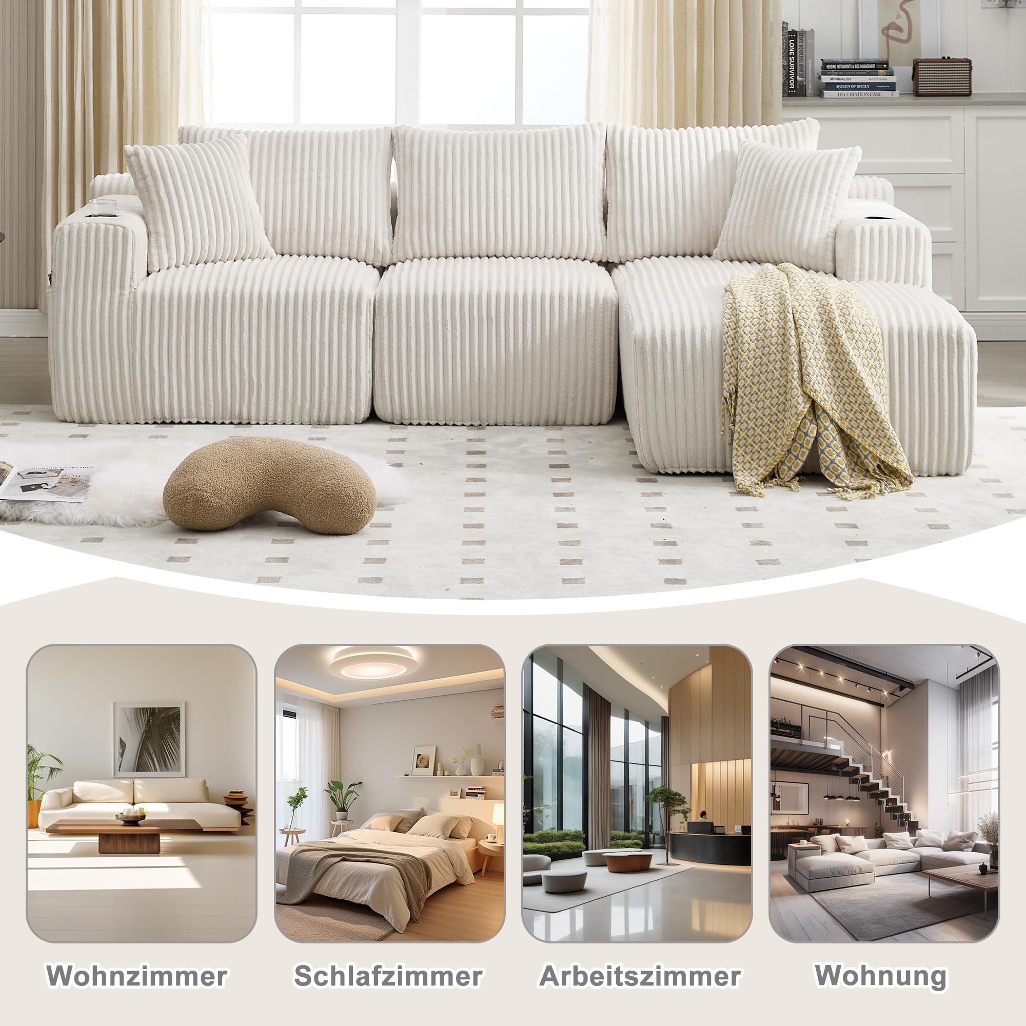 Sofá modular con chaise longue y 2 plazas, suave tapizado de terciopelo con 5 cojines, bolsillos laterales, portavasos, espuma de alta densidad, combinación DIY, para salón, apartamento