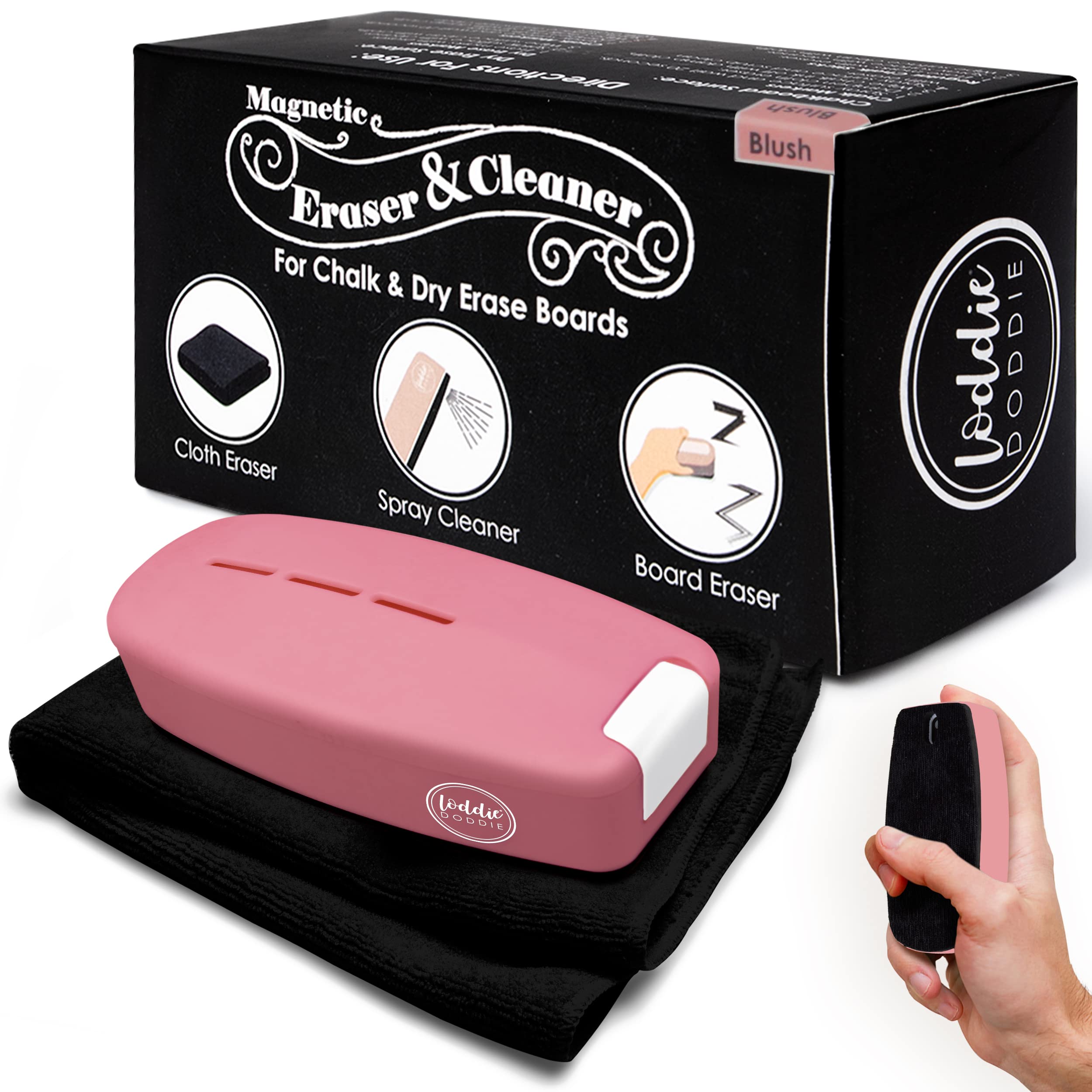 Loddie Doddie 2-in-1 Magnetic Dry Erase Board Eraser - Blush, TPE - Magnetic Holder for Whiteboard - Non-Toxic Spray Dry Erase Cleaner - Bonus