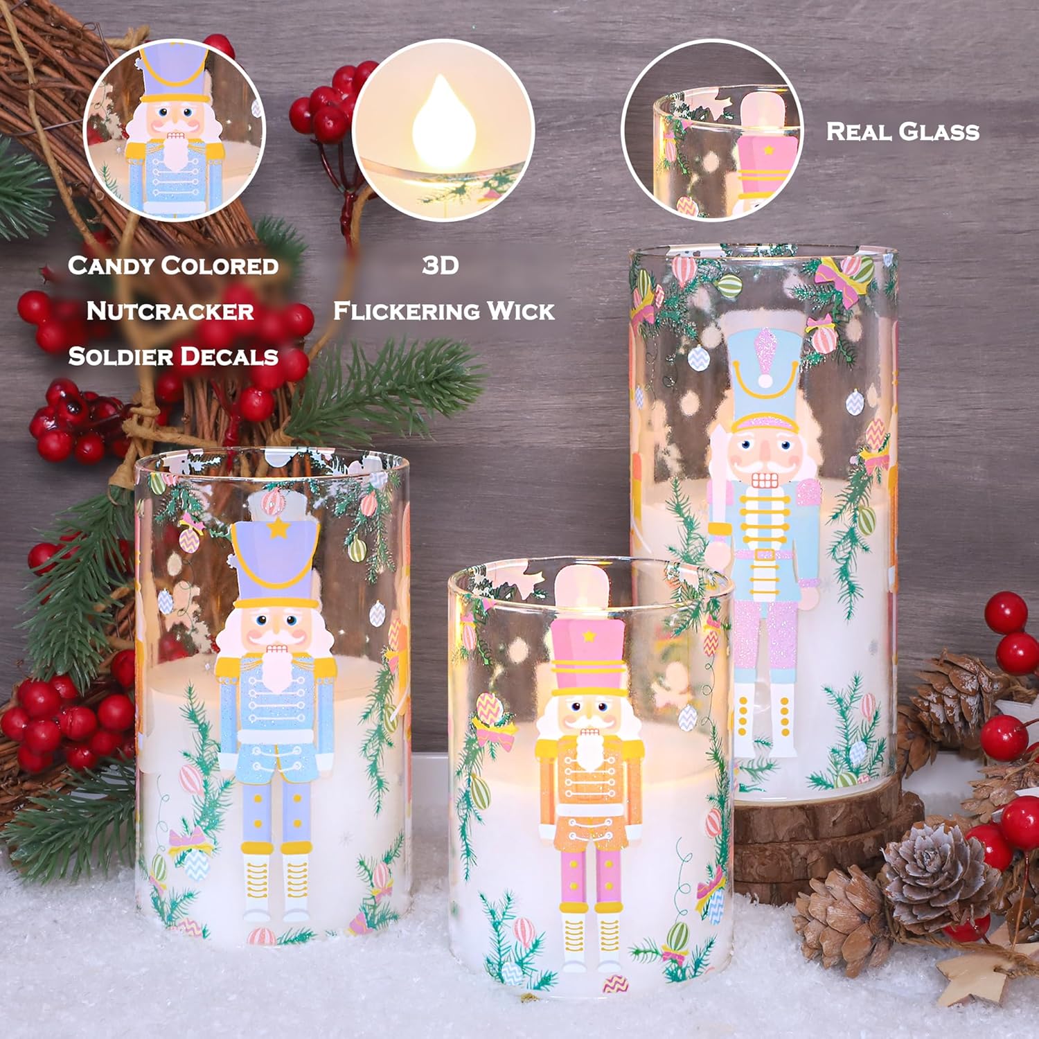Flameless Candles with Remote, Christmas Nutcracker Candy-Colored Glass LED Pillar Candles, Battery Operated Flickering Flameless Candles for Holiday Decor, Xmas Tree Decorations