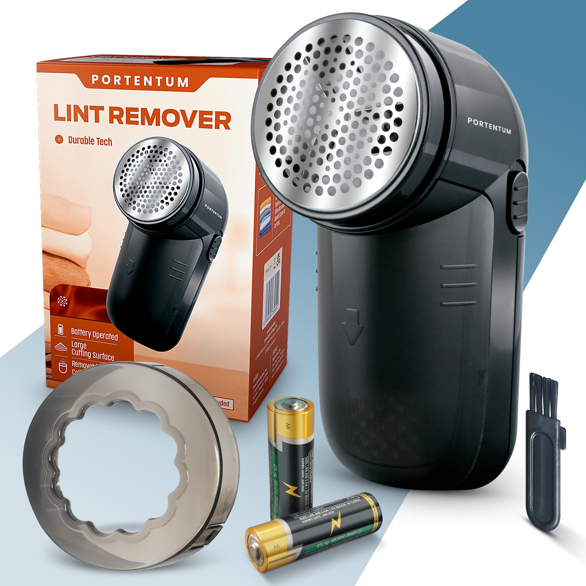 PORTENTUM Electric Lint Remover - Lint and Pilling Remover for Clothing, Stainless Steel Blades. Removable Lint Container. Batteries included. Accessories: cleaning brush
