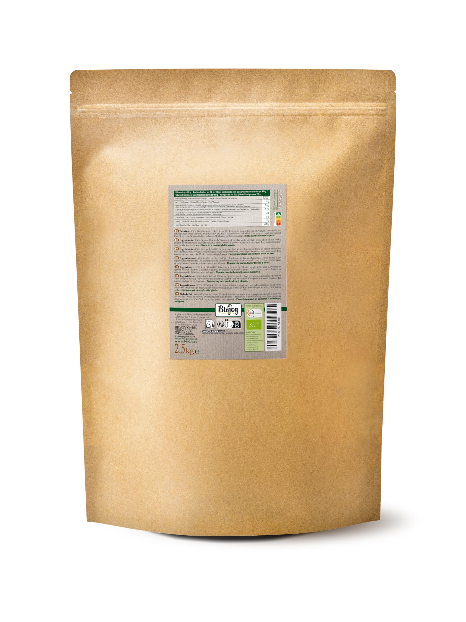 Biojoy Semillas de Lino Orgánicas (2,5 kg), crudas y enteras, sin aditivos