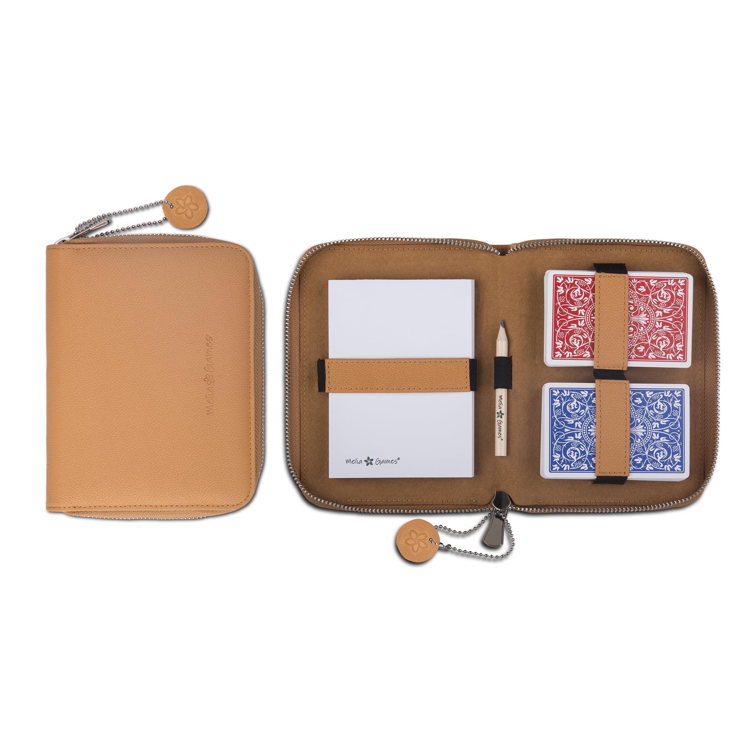 Spielkarten Set Deluxe - Premium Karten-Etui aus feinstem Leder - komplettes Set inklusive 2 Spielkartendecks, Notizblock und Bleistift (Designer Edition - Mustard)