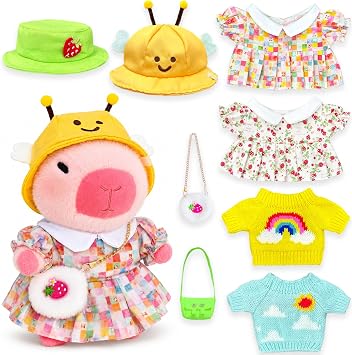Capybara Plush with Clothes, 10.2 in Dress Up Toy Set | 8 accessories, bee hat, strawberry hat, 2 dresses, rainbow sweater, garden style, birthday and Easter gifts