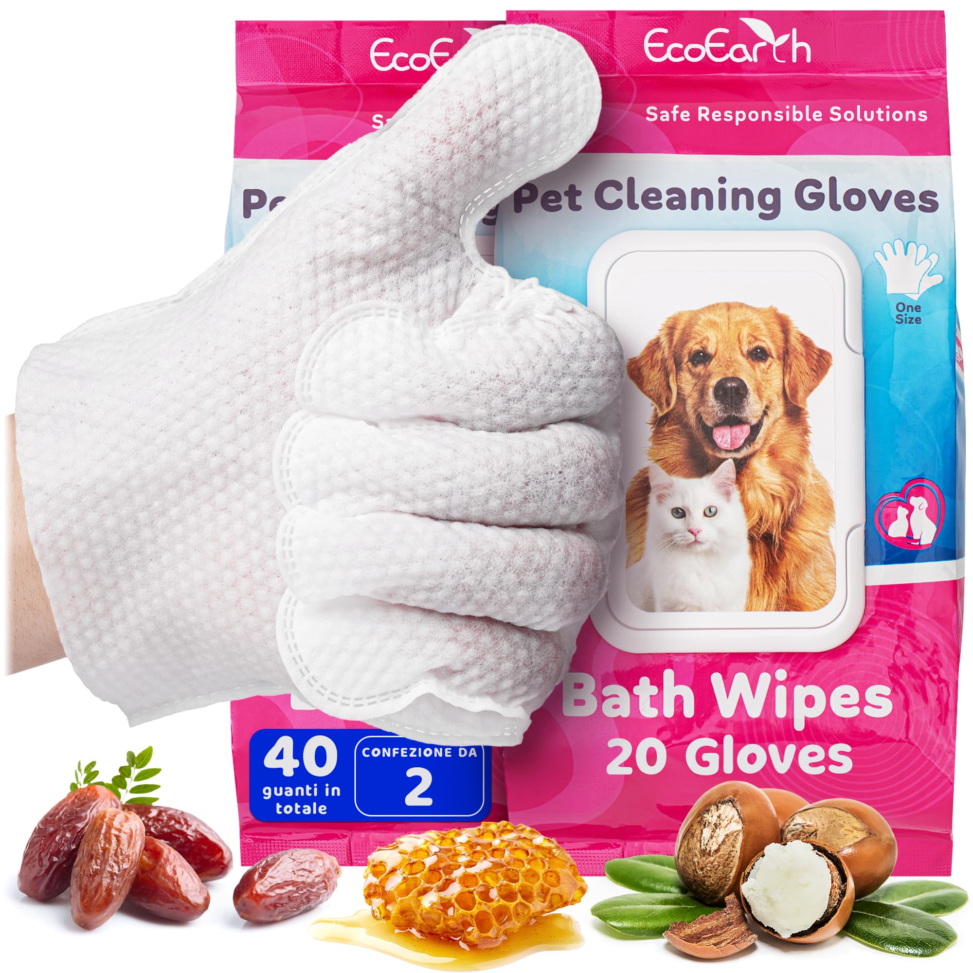 EcoEarth Guanti Premium per la Pulizia di Cani e Gatti - 2 Sacchetti da 20 Pezzi ciascuno - Guanti Monouso per Il Bagnetto, la Deodorazione e la Toelettatura - Guanti da Bagno per Cani