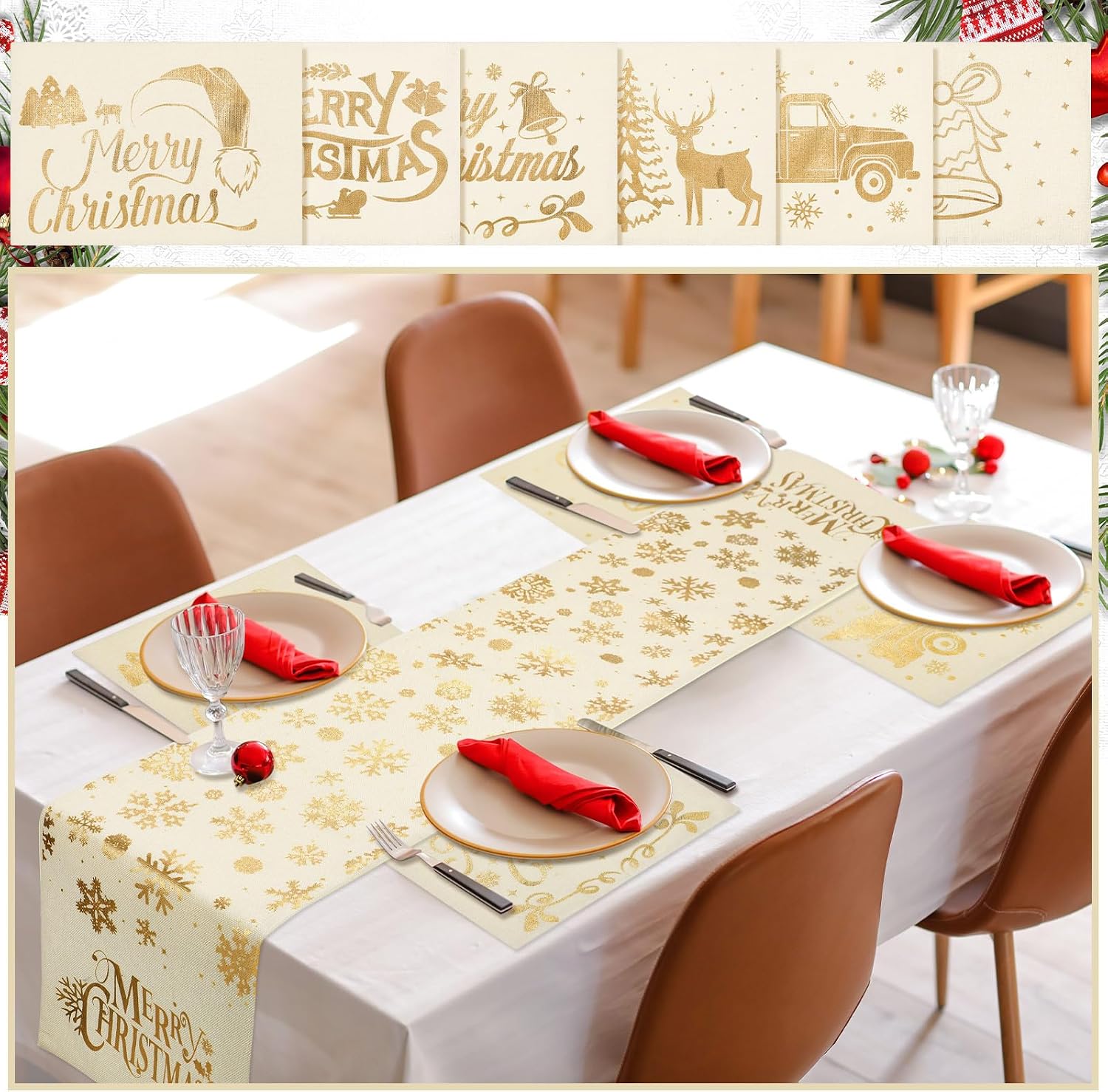 VitalCozy 7 Pcs Gold Christmas Table Runner Placemats Set image 4