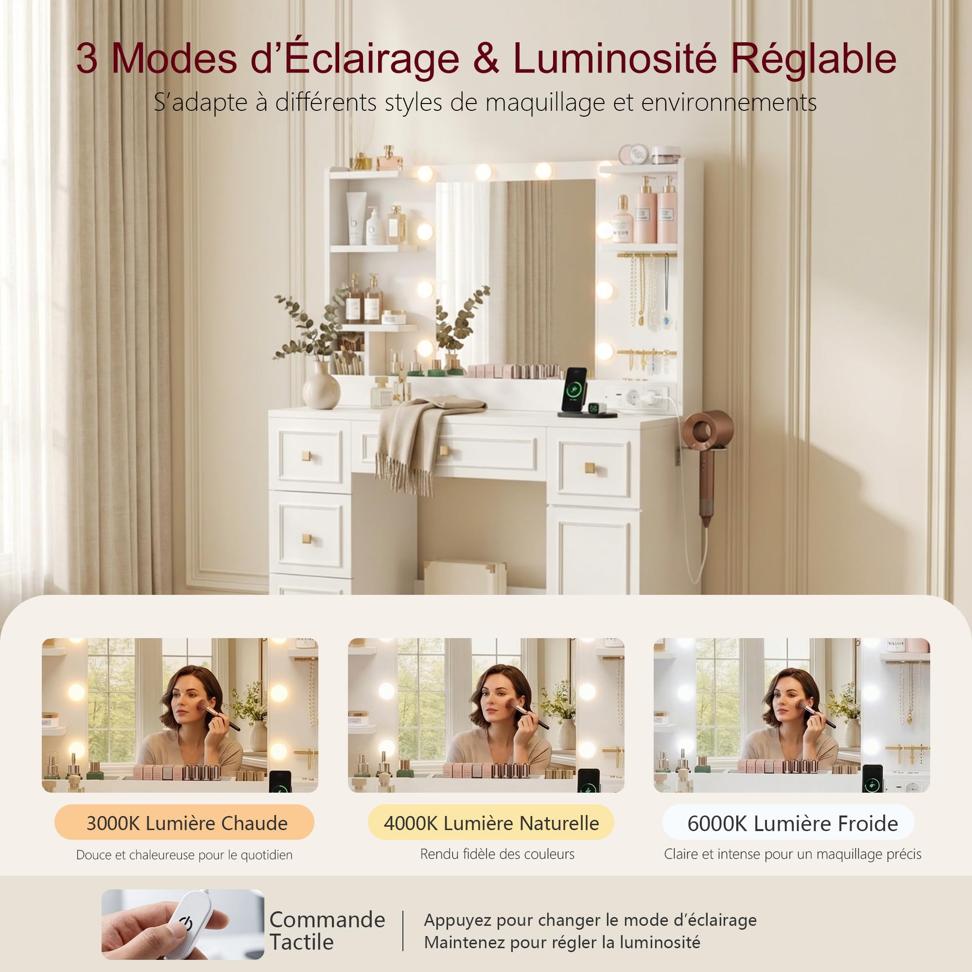 Heybly Coiffeuse avec Miroir LED et Éclairage, Table de Maquillage avec 6 Tiroirs et 6 Étagères, avec Prises Électriques et Rangement Bijoux, Coiffeuse Moderne pour Chambre, Blanche BDT002WT