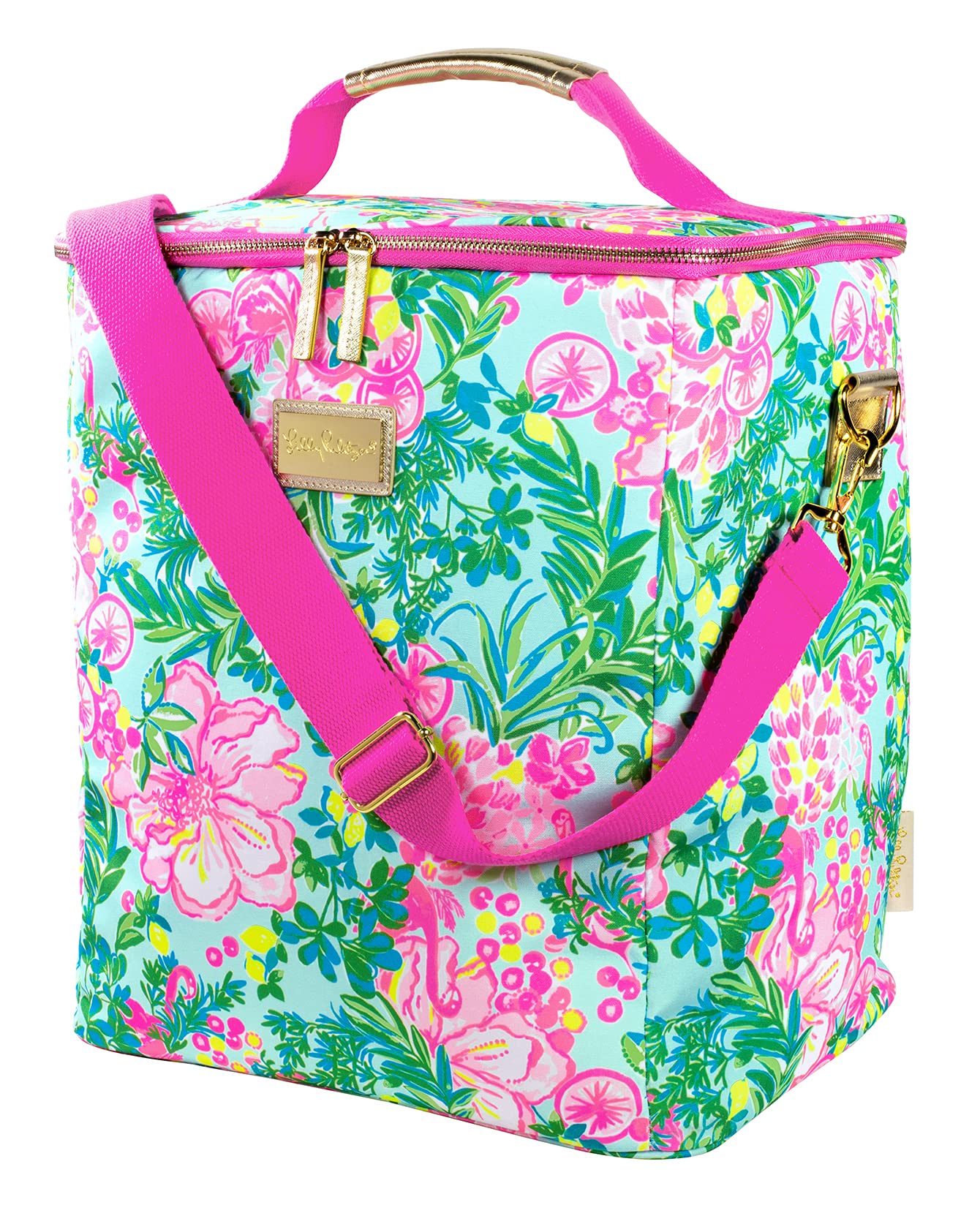 Lilly Pulitzer Insulated Wine Carrier Soft Cooler with Adjustable/Removable Strap and Double Zipper Close, Holds up to 4 Bottles of Wine, Fruity Flamingo
