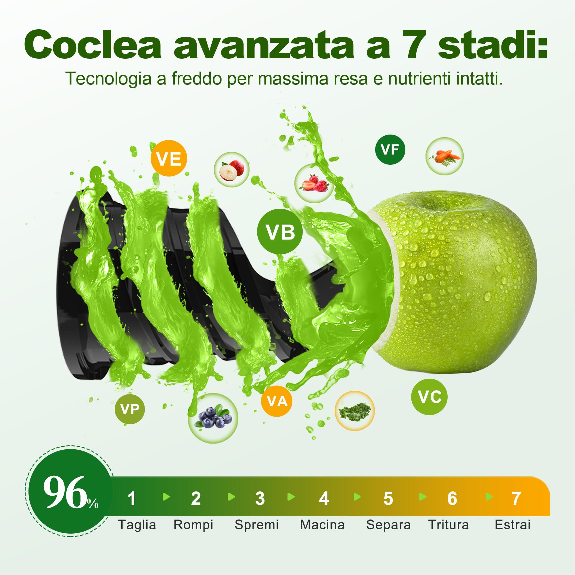 Fretta Estrattore di succo a masticazione lenta 250 W, tecnologia a pressione a freddo per succo ricco di sostanze nutritive, ampio scivolo 135 mm (Argentato)