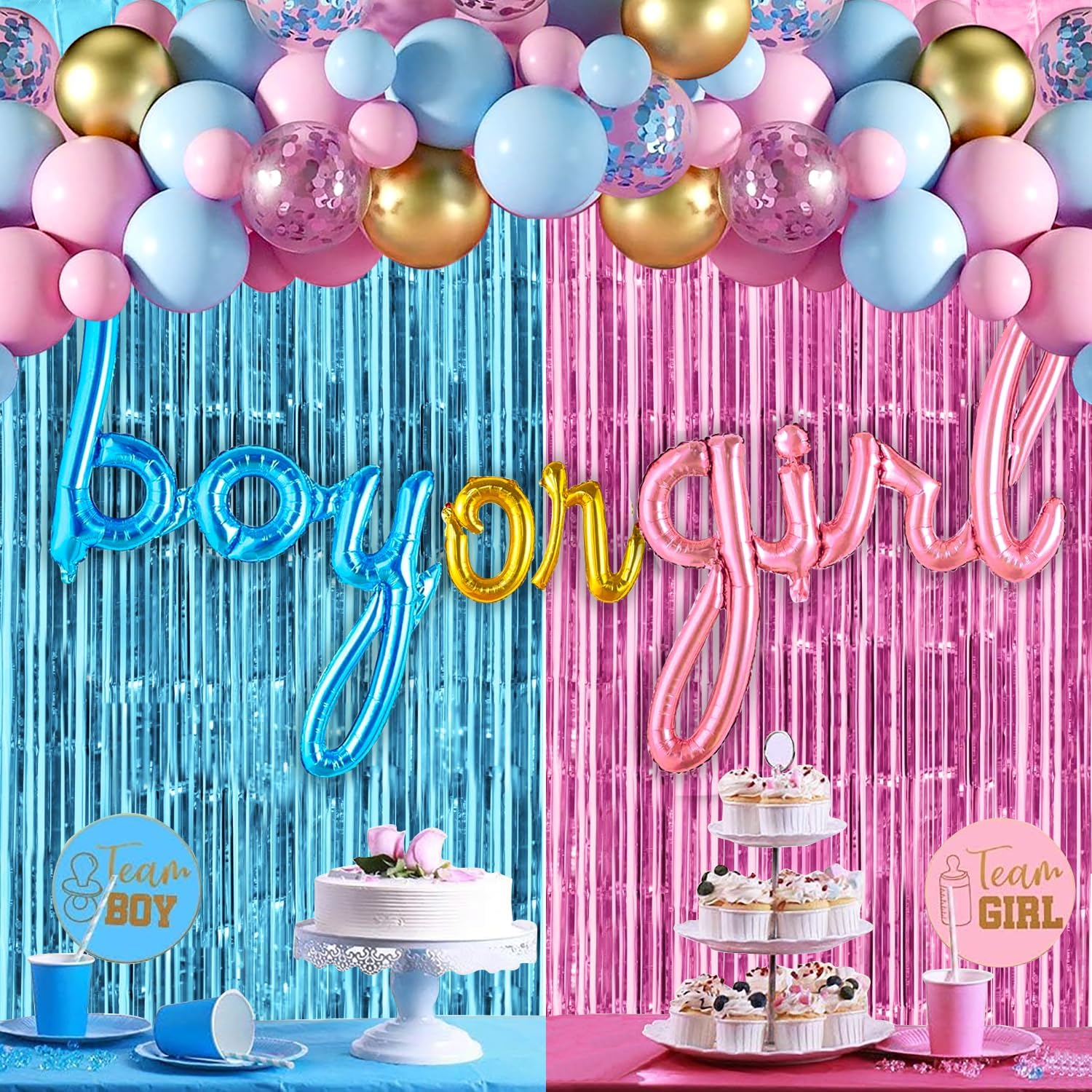 42PCS Gender Reveal Decorations Gender Reveal Party Supplies Blue Pink Balloons Arch Kit Foil Fringe Curtain Boy or Girl Balloons for Baby Shower Party Supplies