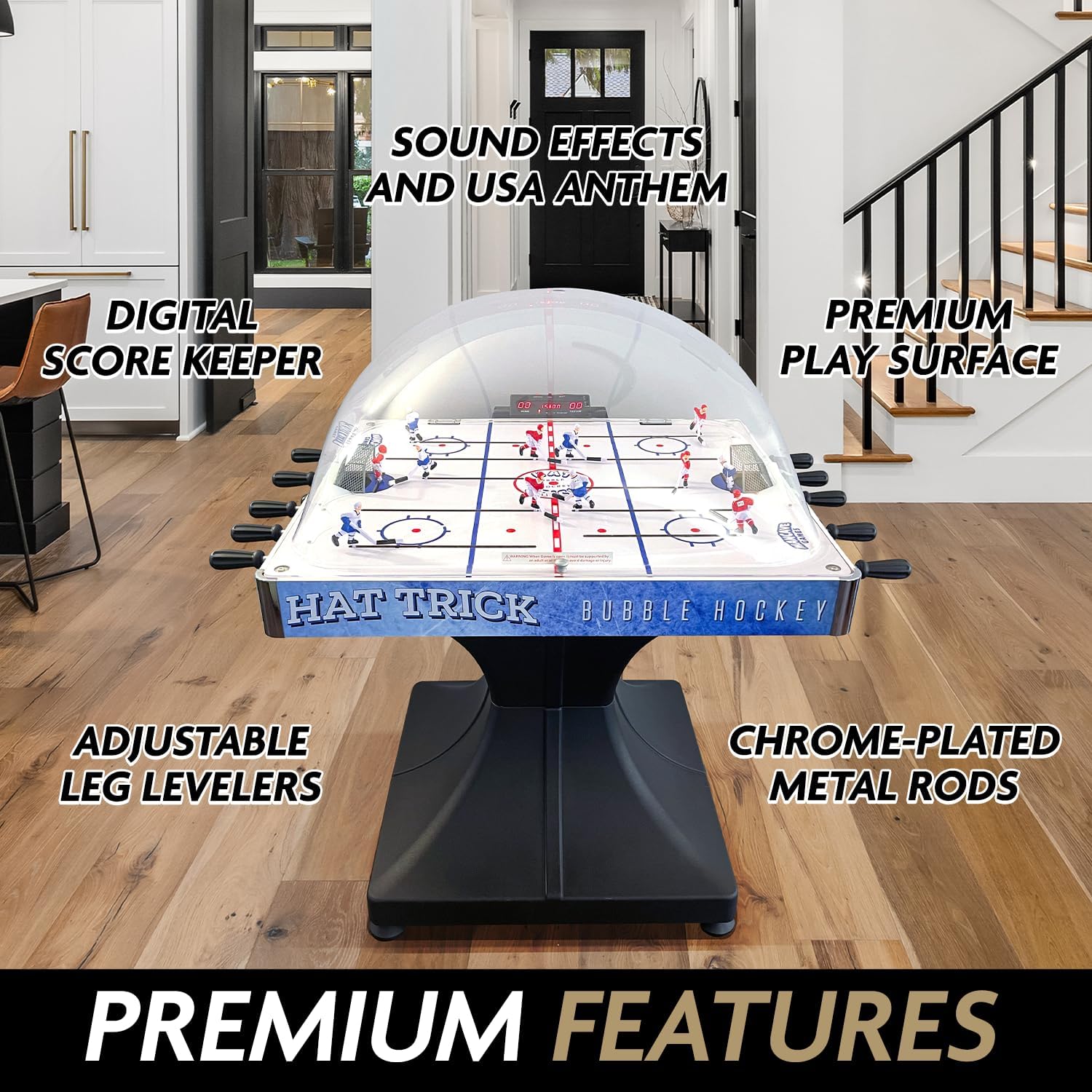 Hat Trick Bubble Hockey Game for Your Home Game Room - with Durable 2-Part Molded Base, Easy-Grip Rod Handles, Flip-Open Dome & A/C Powered LED Scoring Unit.