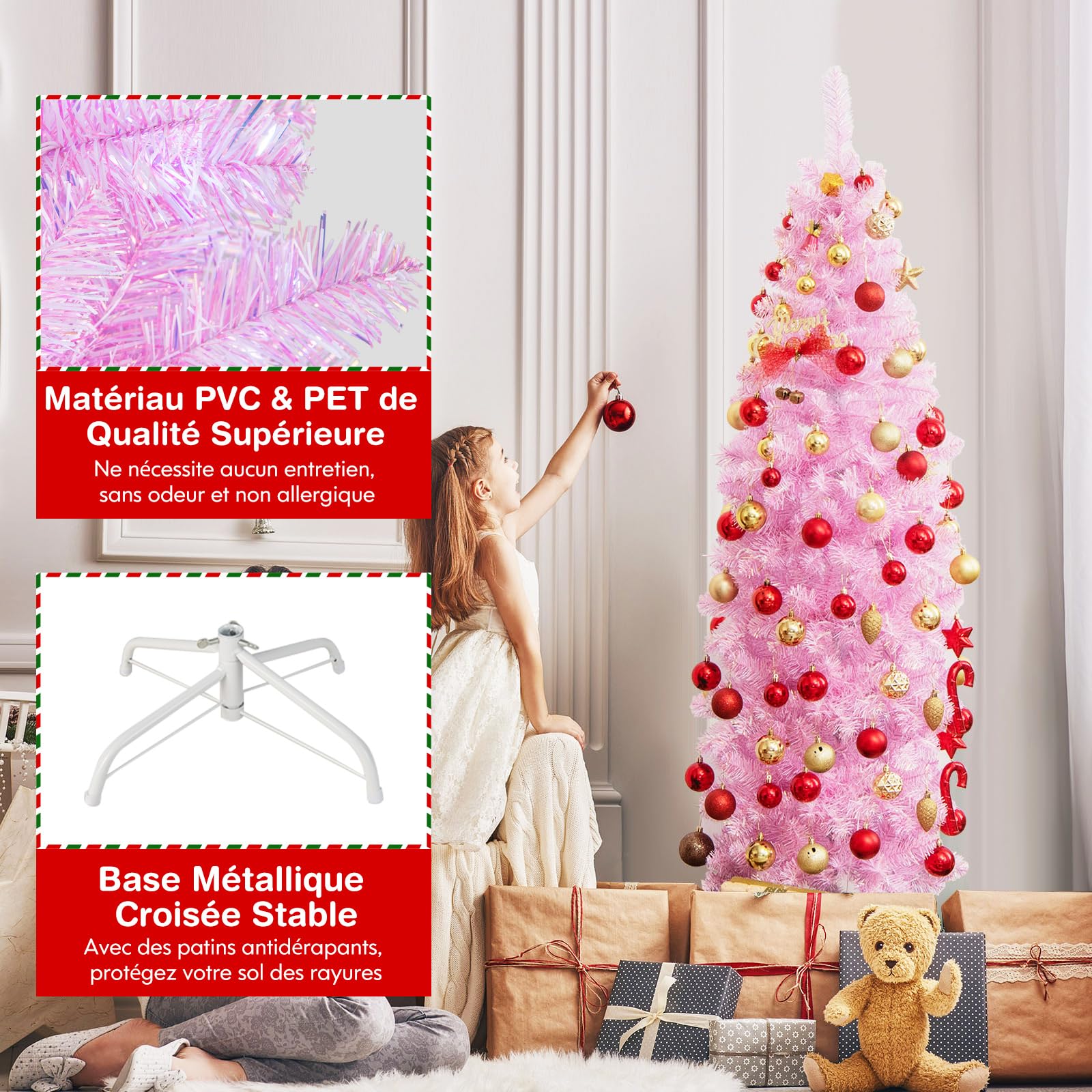 COSTWAY Sapin de Noël Artificiel Pré-éclairé de 180 CM, Arbre de Noël en Forme de Crayon avec 475 Pointes de Branches et 250 Lumières LED Blanc Froid, Support en Métal Pliable, Rose