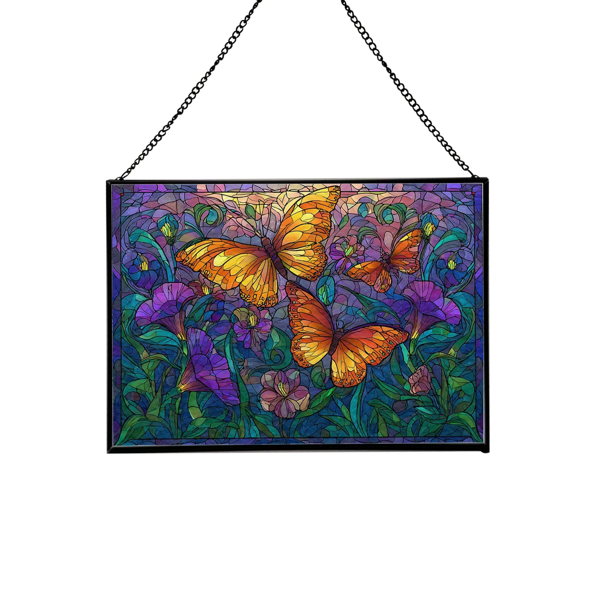 Butterflies swirling – Tropical sunrise Animal Stained Glass Suncatcher – Rectangular Hanging Window Panel with Artistic Nature Background – Wildlife Glass Art Gift for Animal and Nature Lovers ADciTi