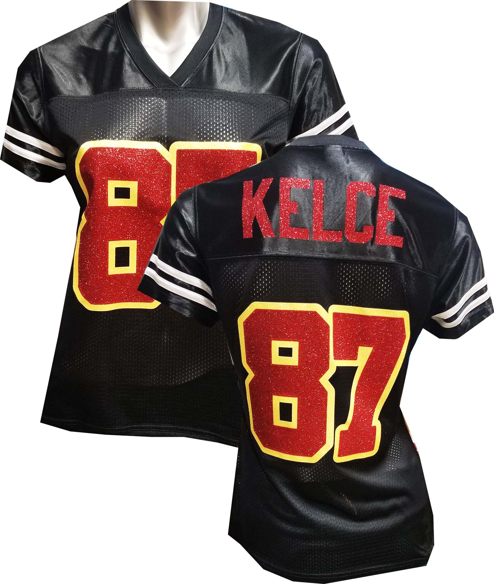 Custom Womens Blinged Football Black Mesh Travis Kelce Jersey Size 3XL XXXL