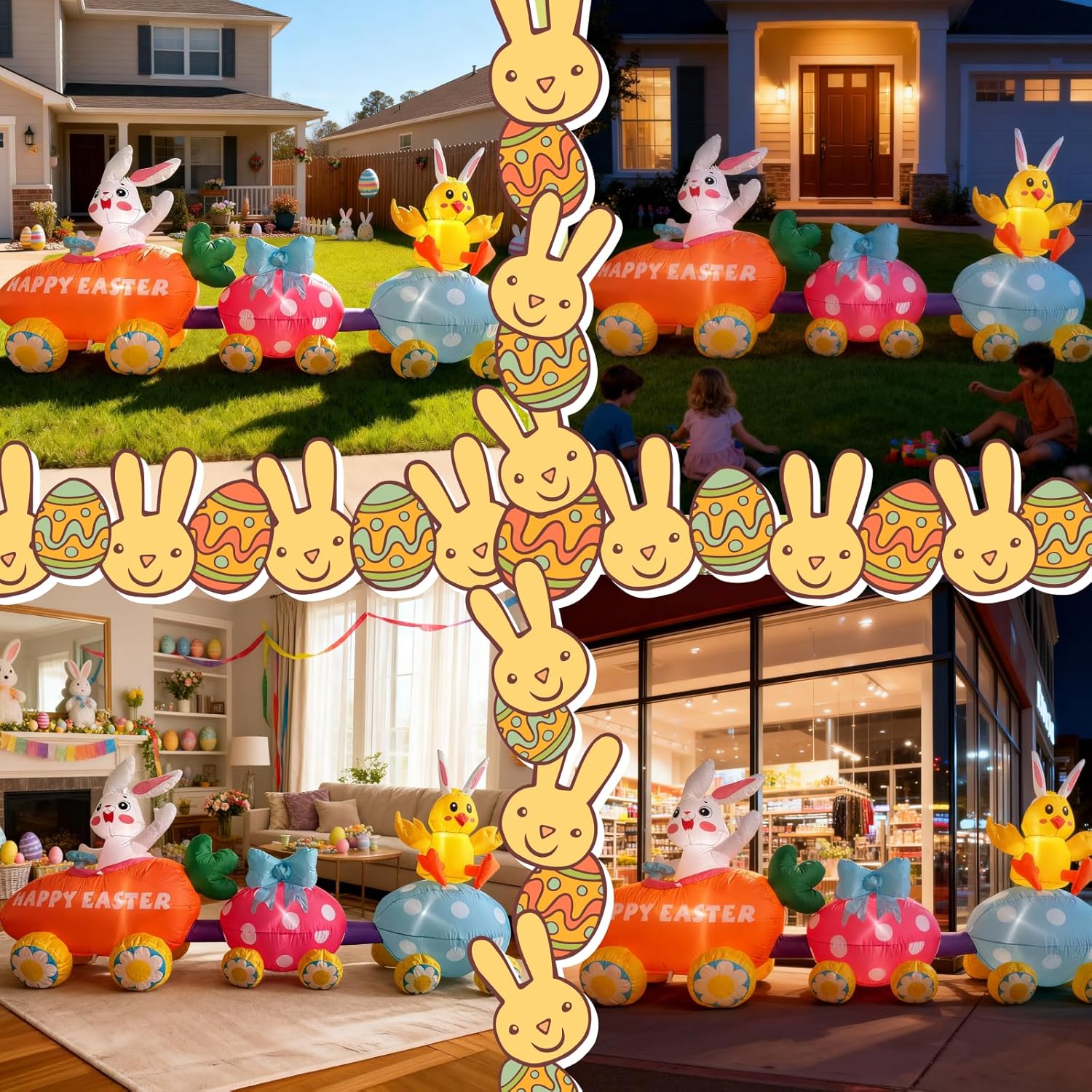 9.2ft Long Easter Inflatable Bunny Train with Colorful Eggs and Carrots, Giant Blow Up Rabbit Family on Train with Built-in LEDs, Outdoor Yard Decor for Spring Garden Lawn Holiday Party