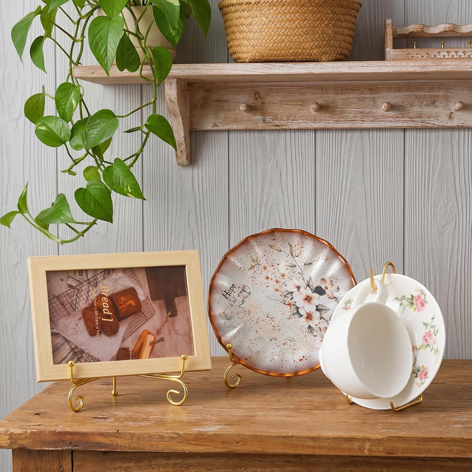 Kenaoeoe 12 Pcs Gold Plate Stands for Display 3 Size Metal Plate Display Stands with 6 Tea Cup Holder for Organizing Plates, Mugs, Books, Art