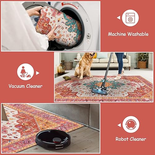 Vista 53 de Moynesa Alfombra de pasillo ultrafina lavable, vintage, de 2 pies 6 x 8 pulgadas, antideslizante, resistente a las manchas, resistente a