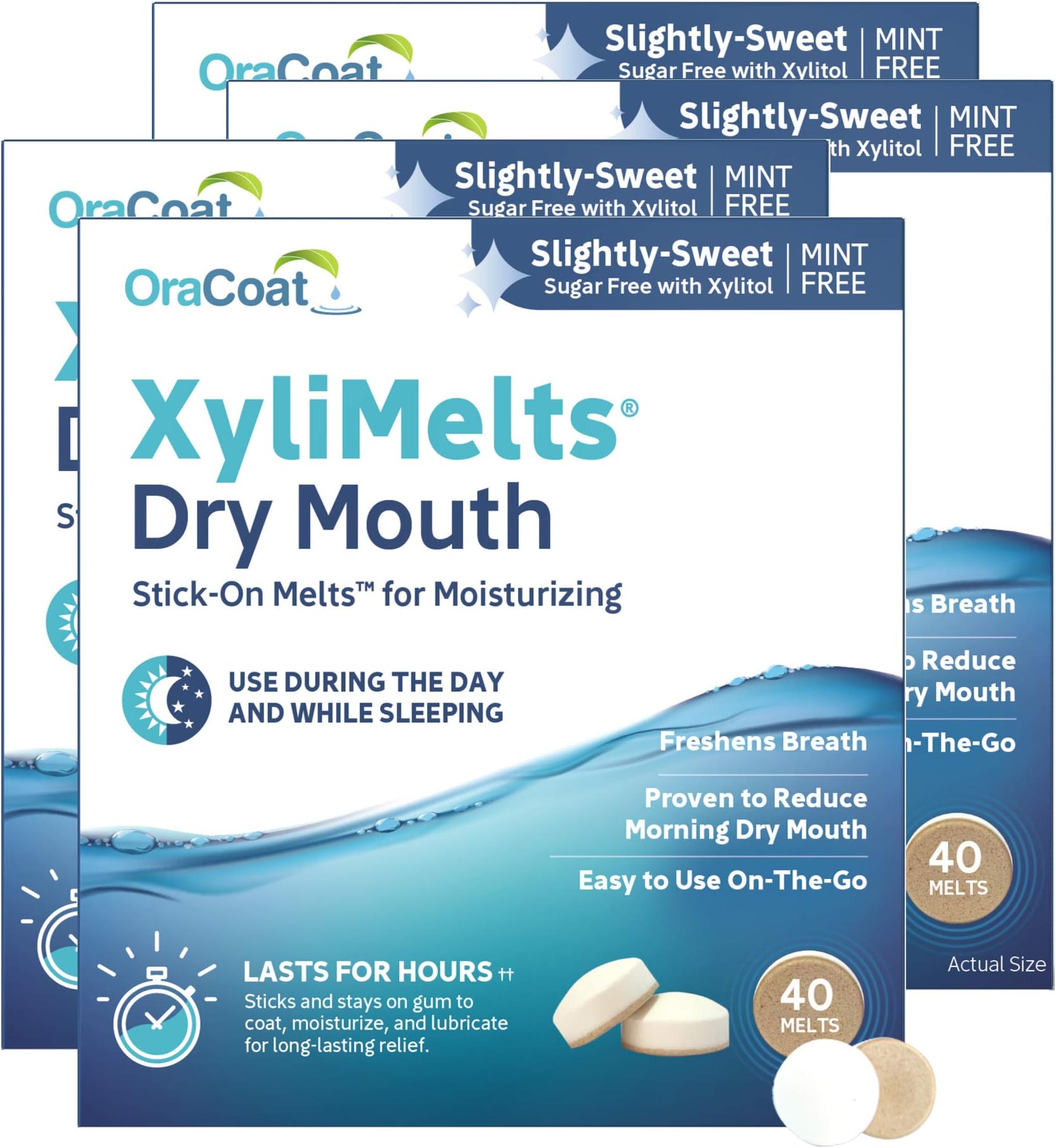 XyliMelts for Dry Mouth Night Time or Day - Moisturizing Dry Mouth Adhering Discs, Sugar Free with Xylitol, 40 Count - 4 Pack, Slightly-Sweet Flavor, 8-Hour Relief
