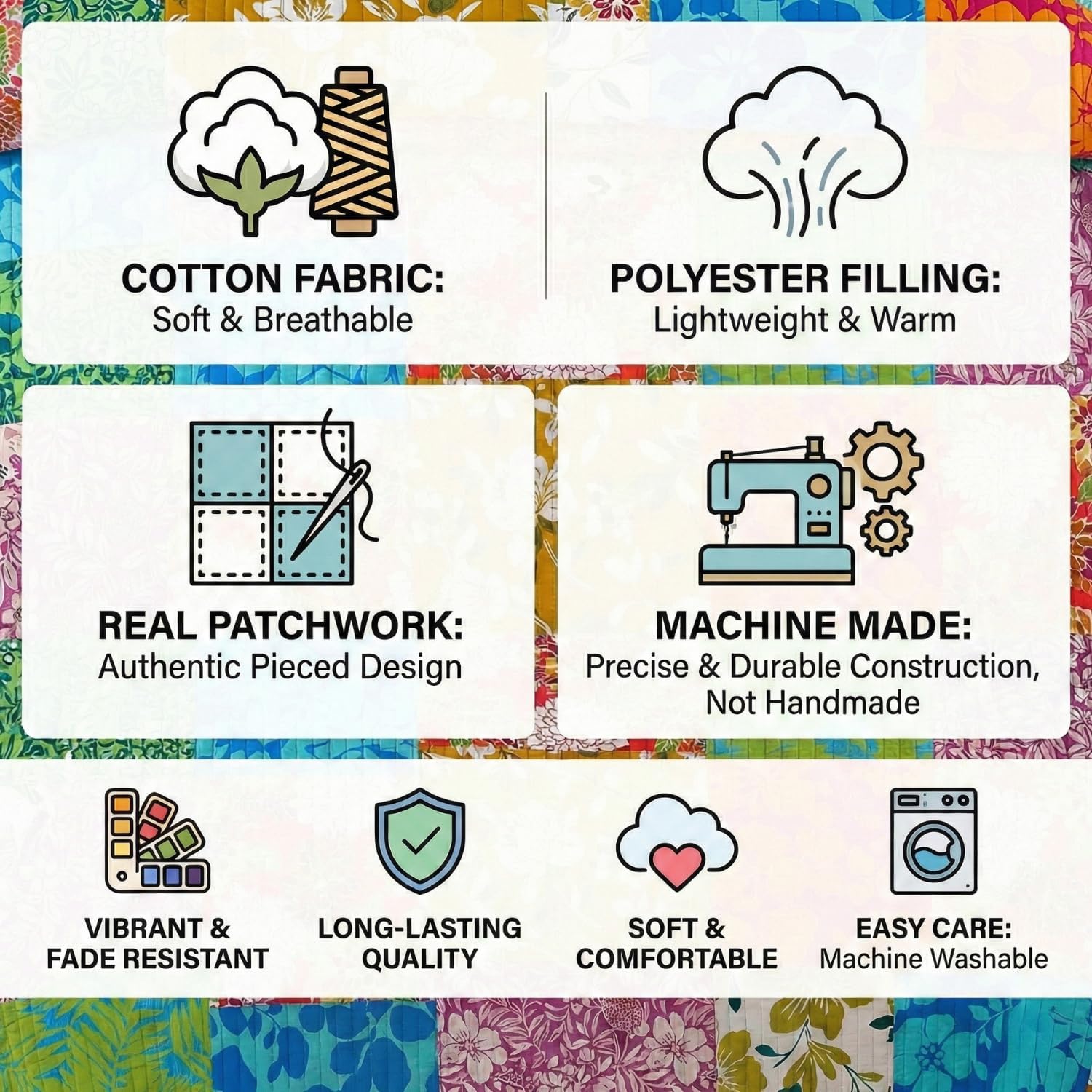 Tache Home Fashion Eclectic Cotton 3 Piece Colorful Flower Power Party Quilted Floral Patchwork Quilt Set, Queen