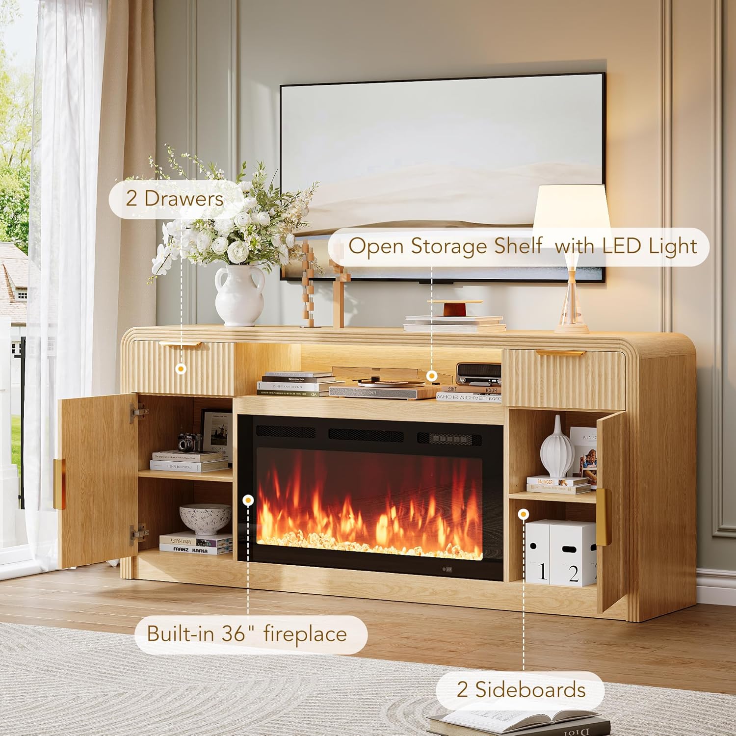 70" Fluted Fireplace TV Stand for 80" TV, TV Console Cabinet with Wavy Grain Doors & Adjustable Shelves, Remote & Touch Control Adjustable LED Light, Flame Colors&Temperature for Living Room - Image 2