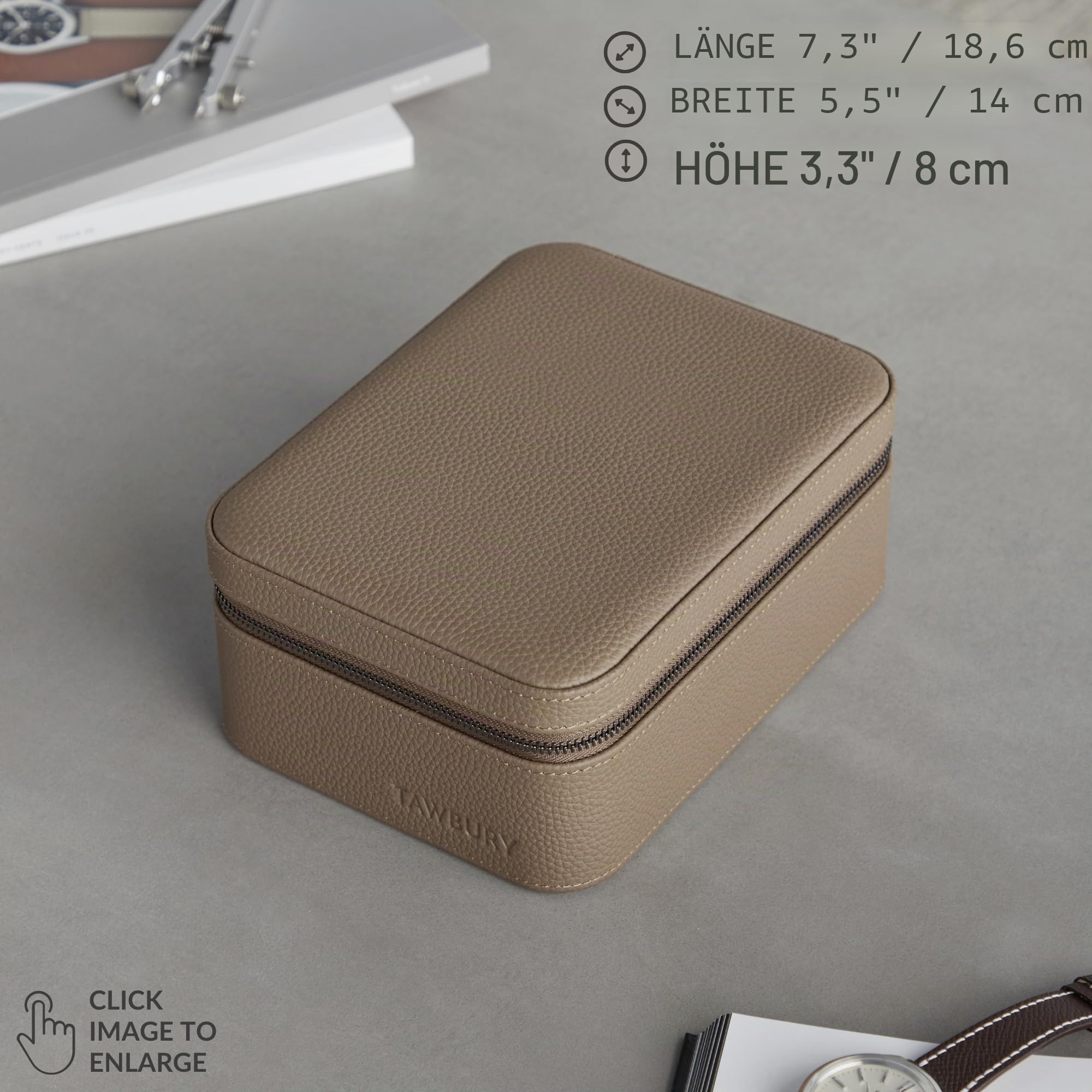 TAWBURY Leder-Uhrenbox mit 4 Fächern – Elegante und sichere Aufbewahrung für Ihre Uhren (Taupe)
