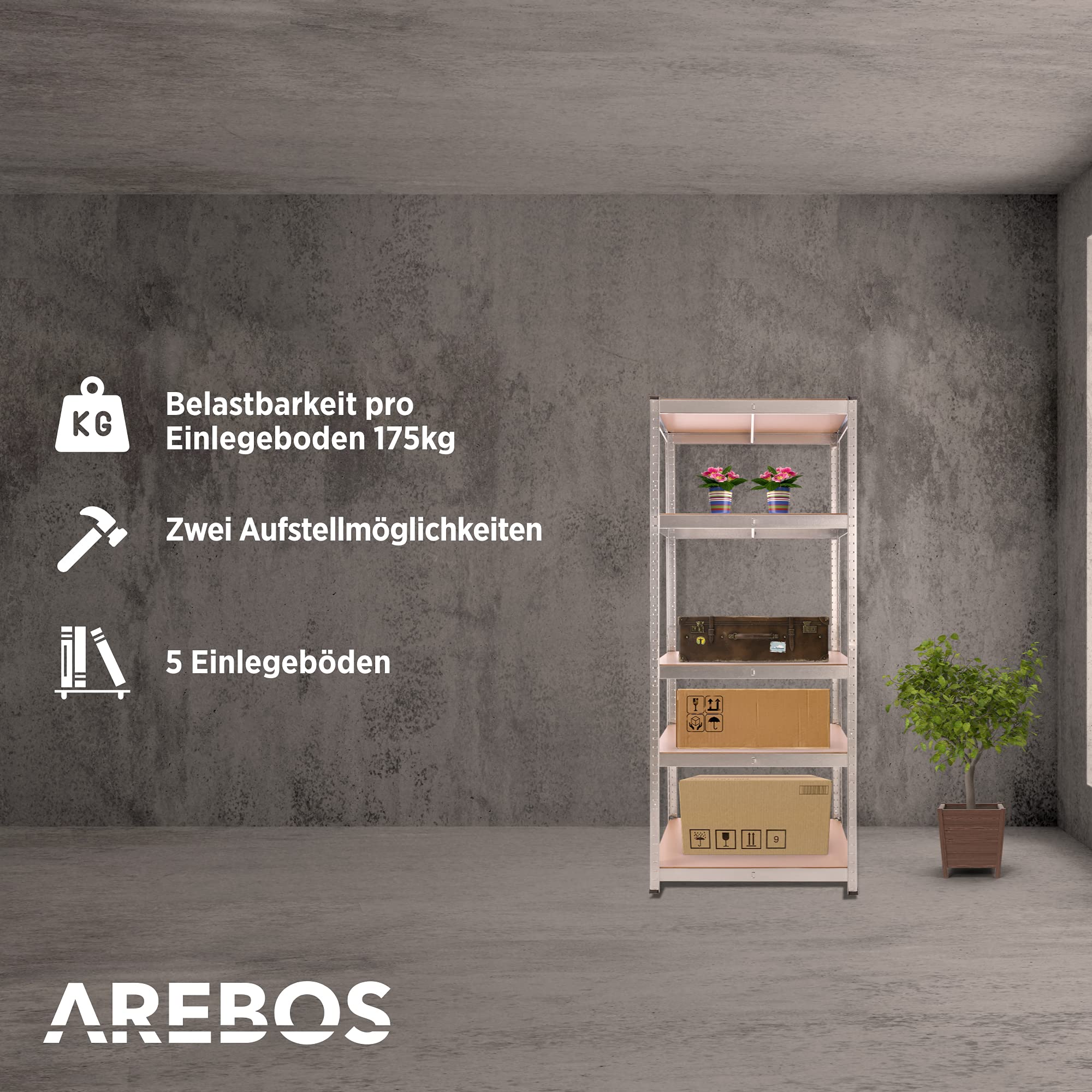 Arebos Schwerlastregal 180x75x45 cm | 875 kg Tragkraft | 5 MDF-Platten | Einfache Montage durch Stecksystem Regal Lagerregal Kellerregal Steckregal Werkstattregal | verzinkt