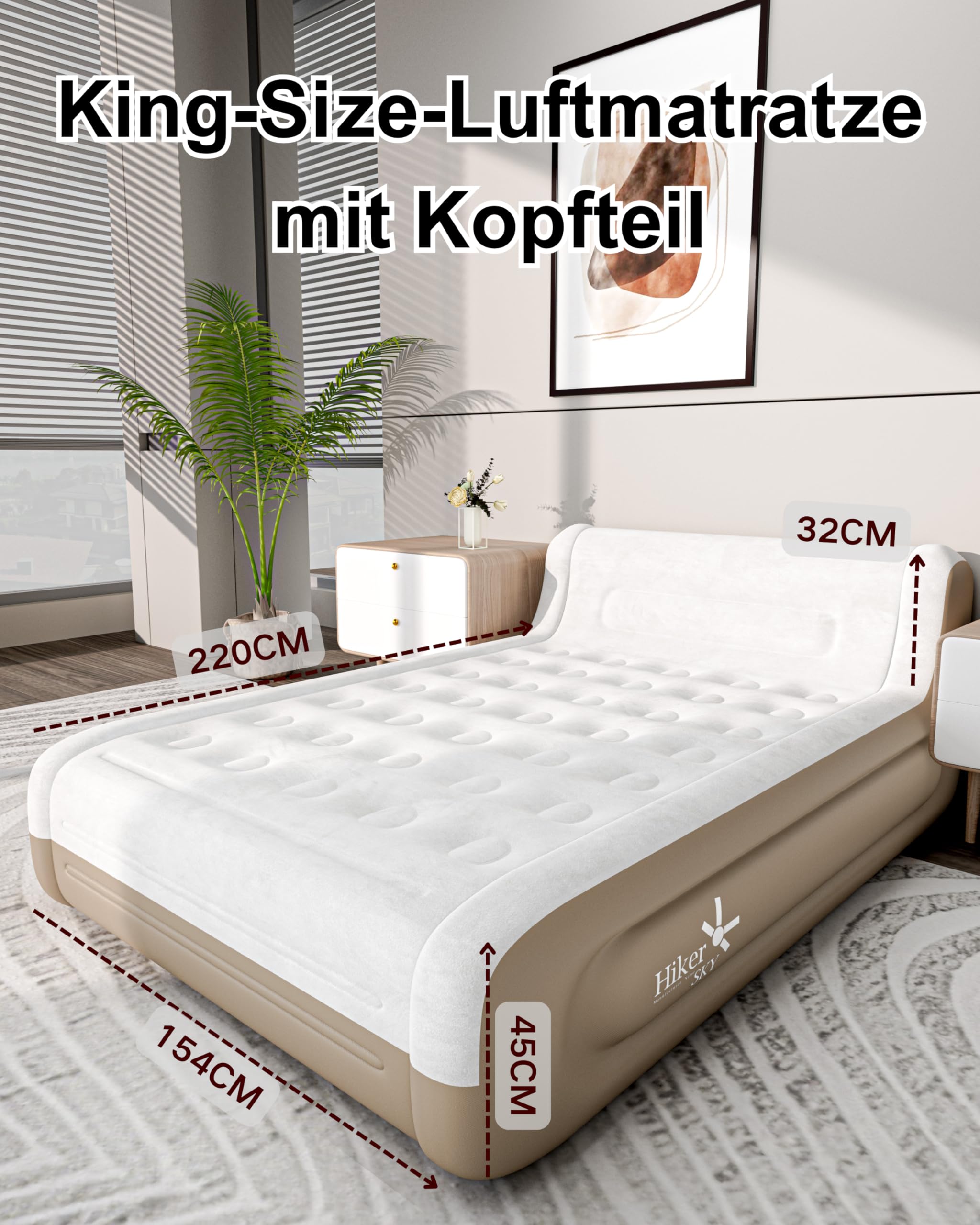HikerSKY Luftmatratze mit Kopfteil und batteriebetriebener Pumpe, in 3 Minuten selbstaufblasend, Luftbett für Zuhause & Camping, 220×154×45 cm, Khaki Küche, Haushalt & Wohnen