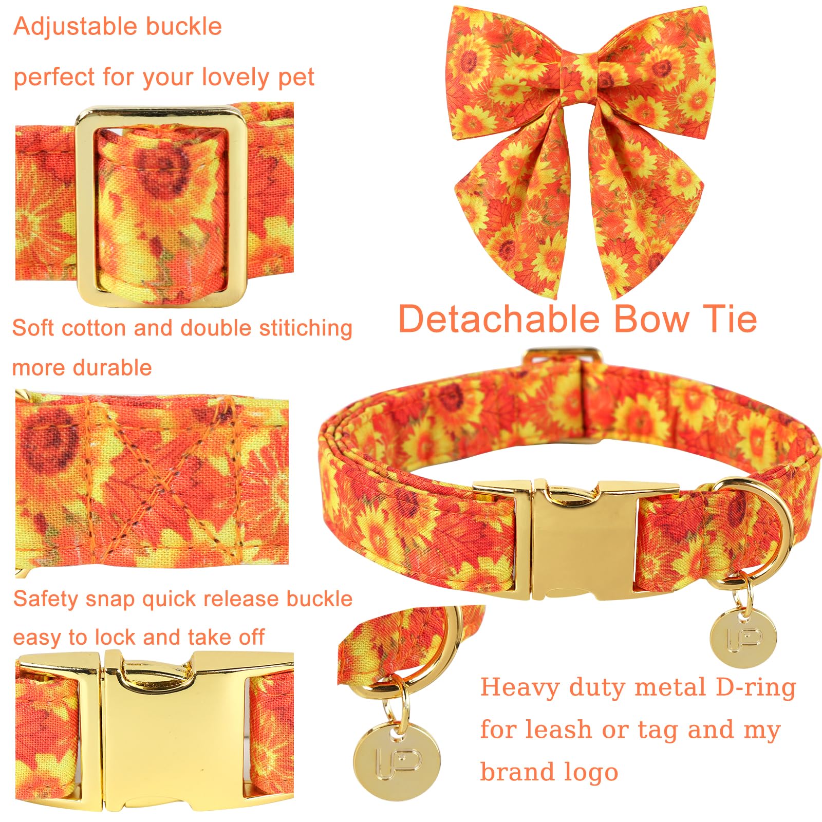 UP URARA PUP Fall Dog Collar with Bow Tie & Flower, Cotton Bowtie & Flower Dog Collar for Boys or Girls Dogs, Beautiful Sunflower Pet Collar with Metal Buckle