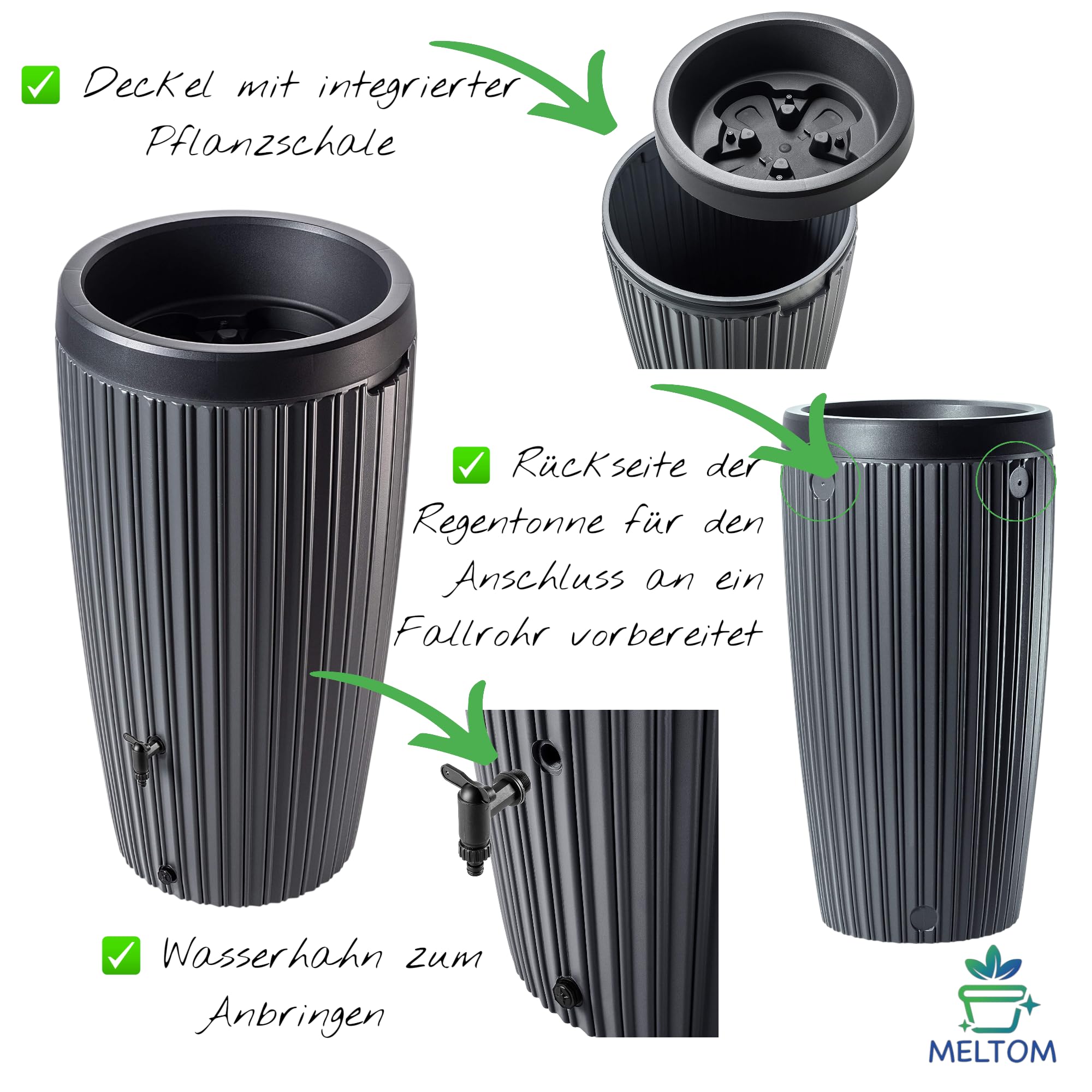 Regentonne 240L mit Deckel & Auslaufhahn – Design Regenwassertonne, Wasserfass für Garten & Terrasse – Farbe Anthrazit – UV-beständig & frostfest (Anthrazit)