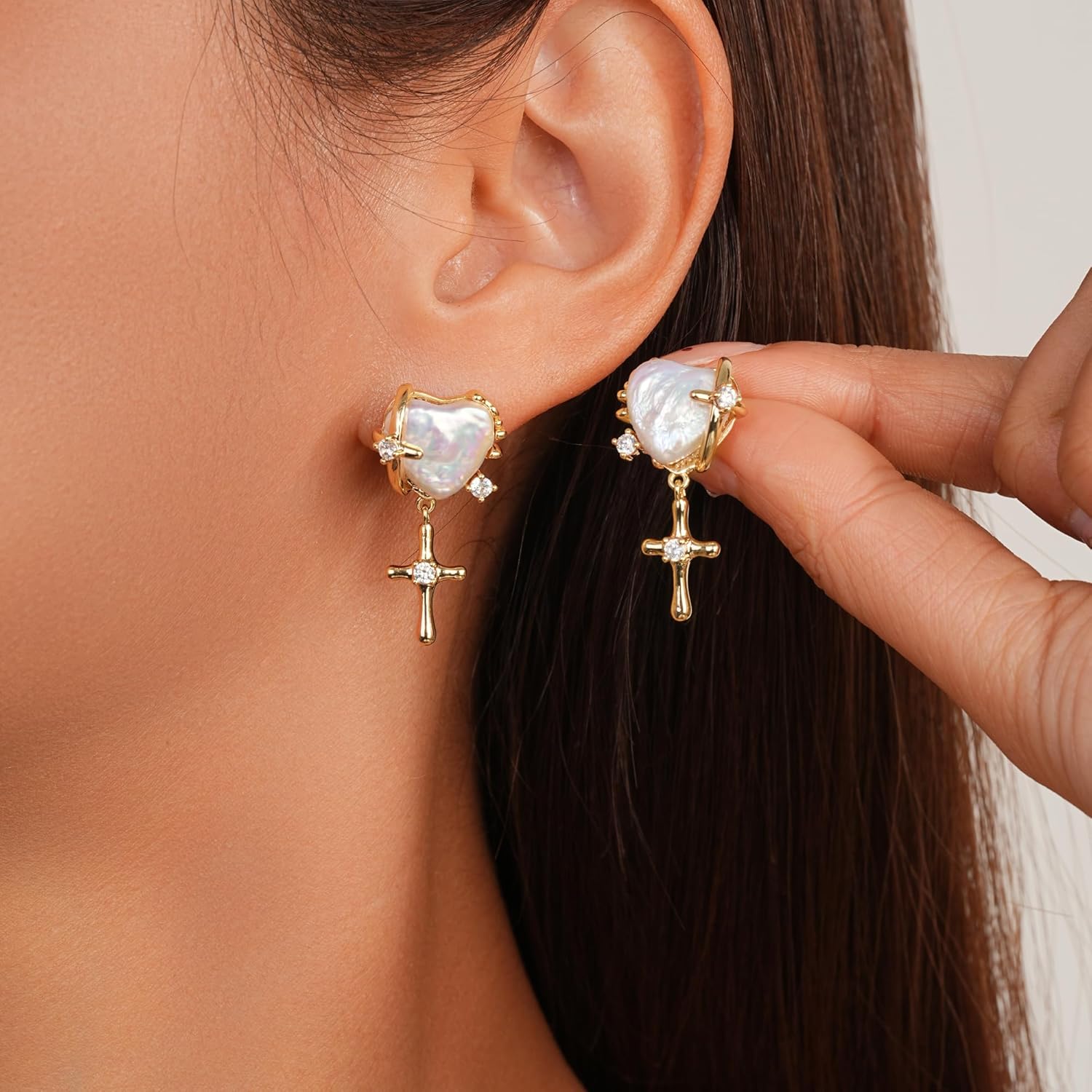 SIXFOX Pearl Dangle Earrings For Women 14K Gold Plated Dainty Cross Drop Earrings Hypoallergenic Lightweight Trendy Jewelry Gifts For Her