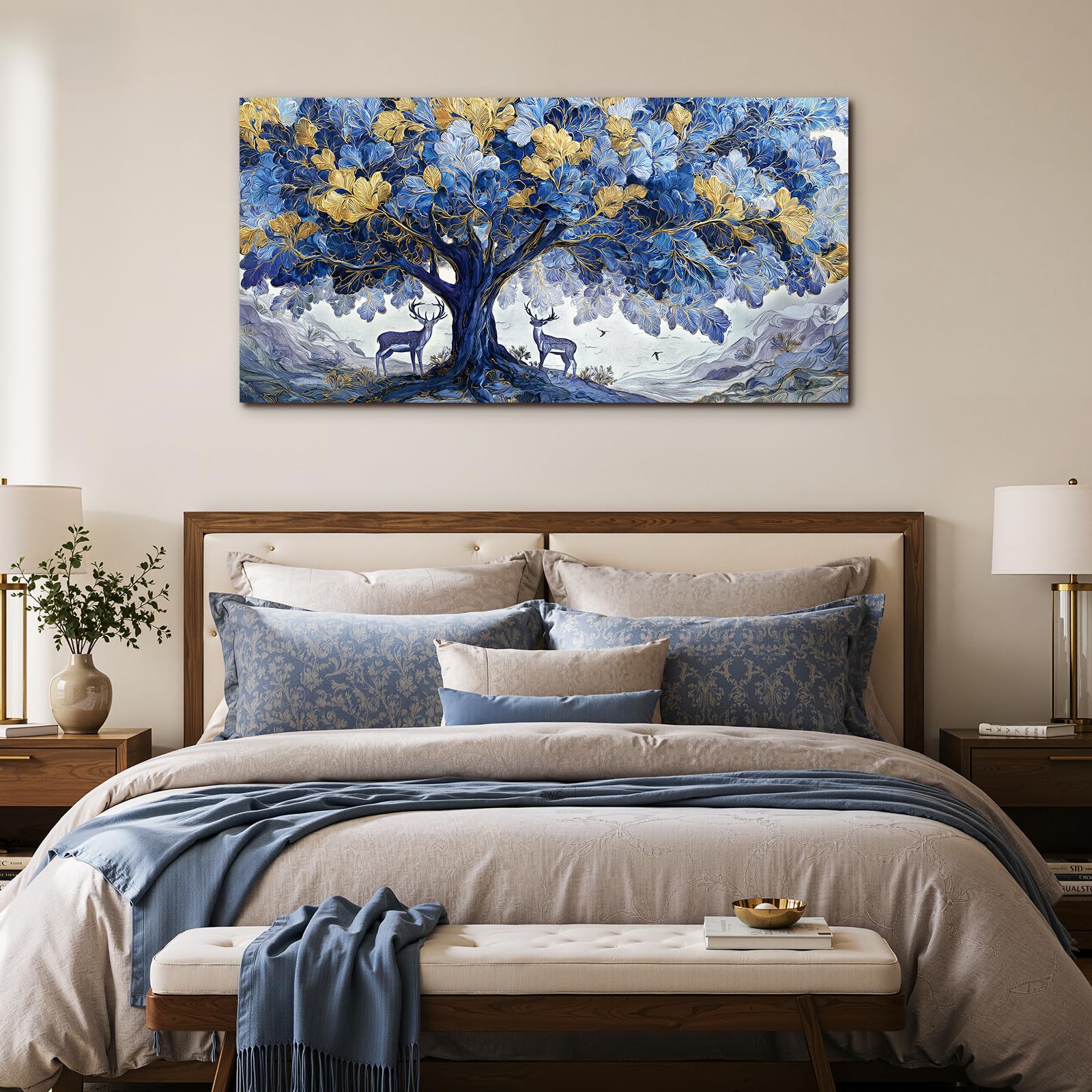 SERIMINO Cuadros Decoracion Arbol de la Vida Grandes Naturaleza 73x146 cm | Frondas Ciervos Montañas, Impresión Hd, Lienzo Bastidor Madera Maciza, Montaje Sencillo, Regalo Decorativo