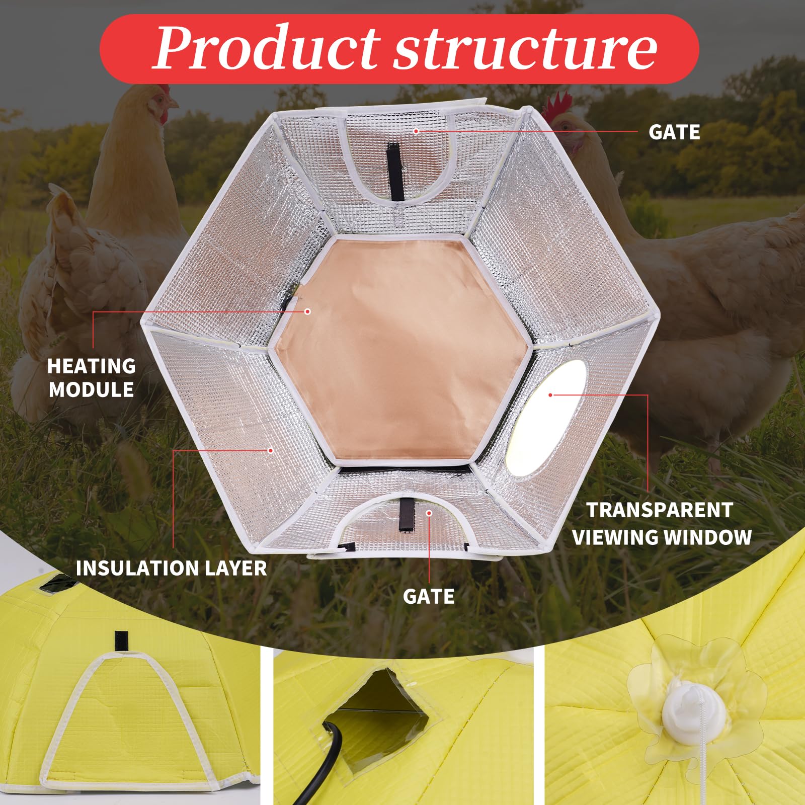 Poulailler Chauffage 80W Chaleur Poulets 80℃ Éleveur de Poussins Tente de Chauffage Pliable pour Poulailler Incubateur Automatique pour Poulets Volailles Tente de Chauffage Pliable pour