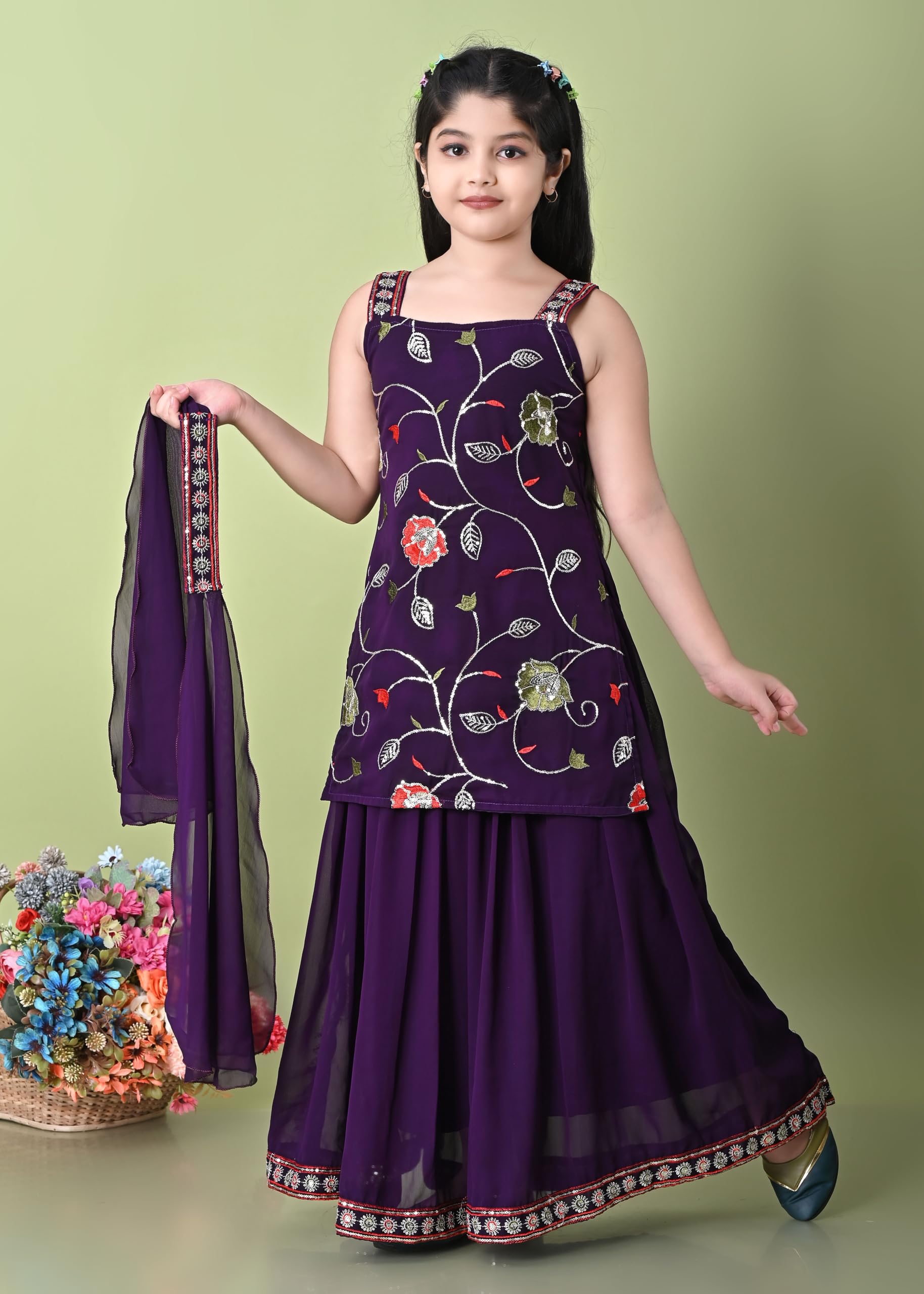 SPAMitude - Georgette Embroidery Sequin Kurta, Skirt and Dupatta Set for Girls – Ethnic Party Dress I Birthday Trendy Classic Outfit I Square Neck Sleeveless (PURPLE, 9-10 YEARS) - Image 6 thumbnail