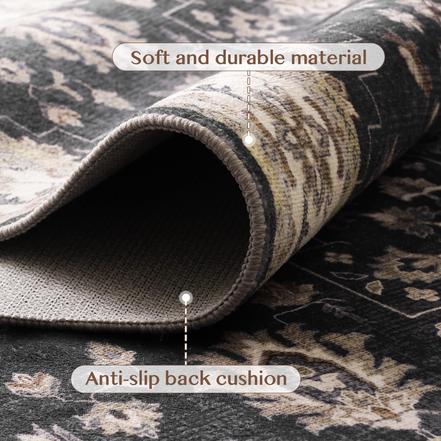 COHOME Vintage Distressed Washable Rug, Pet & Kid Friendly Area Rugs with Non-Slip TPE Backing, Stain Resistant High Traffic Low Pile for Living Room Bedroom, Indoor Low Profile (Black, 4' x 6')