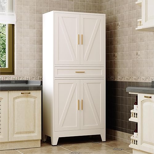 Large Metal Kitchen Pantry Cabinet with Adjustable Shelves - Freestanding Kitchen Storage Cabinet for Dining Room,Livingroom Bathroom, Hallway, Workshop, Office (White, 71"-1 Drawer)