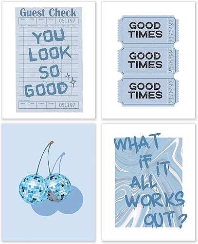 BESERH Funky Trendy - Juego de 4 pósteres azules de moda, preppy retro Y2K, bola de disco de cereza inspiradora, impresiones artísticas de pared