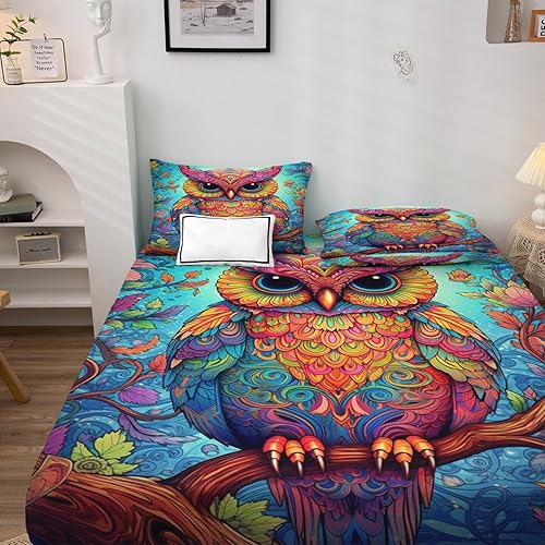Miniatura 2 de Juego de sábanas de búho tamaño California King, sábanas de cama de pájaros coloridos, microfibra suave, bolsillo profundo, sábanas y fundas de