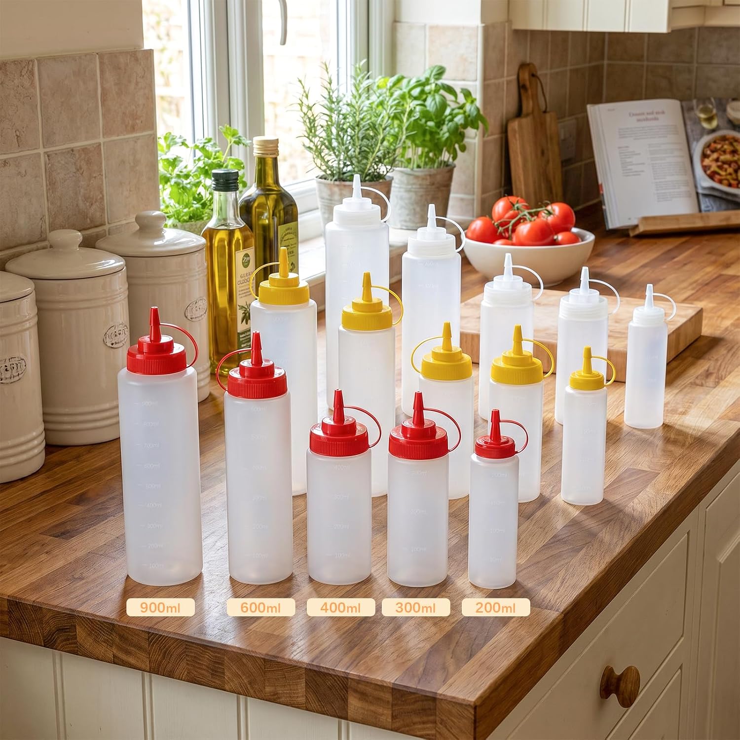 6 Pack Condiment Squeeze Bottles, 24 oz Wide Mouth Squeeze Bottles Set with 3-Color Top Cap Leak Proof, BPA Free Refillable Plastic Squirt Bottles for Sauces, Dressing, Oils, BBQ & Crafts