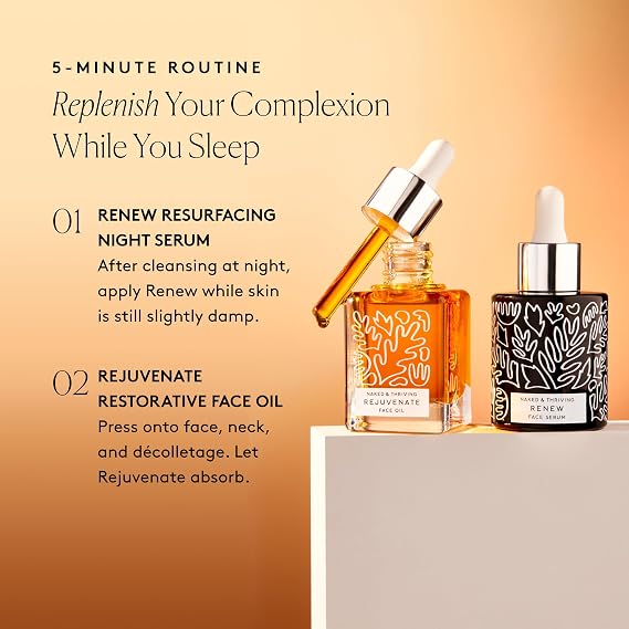 Naked & Thriving The Night Set | Renew Resurfacing Night Serum (30 mL) + Rejuvenate Restorative Face Oil (35 mL) with Hyaluronic Acid, Argan & Sea Buckthorn Oils and Fruit AHAs (Set of 2)